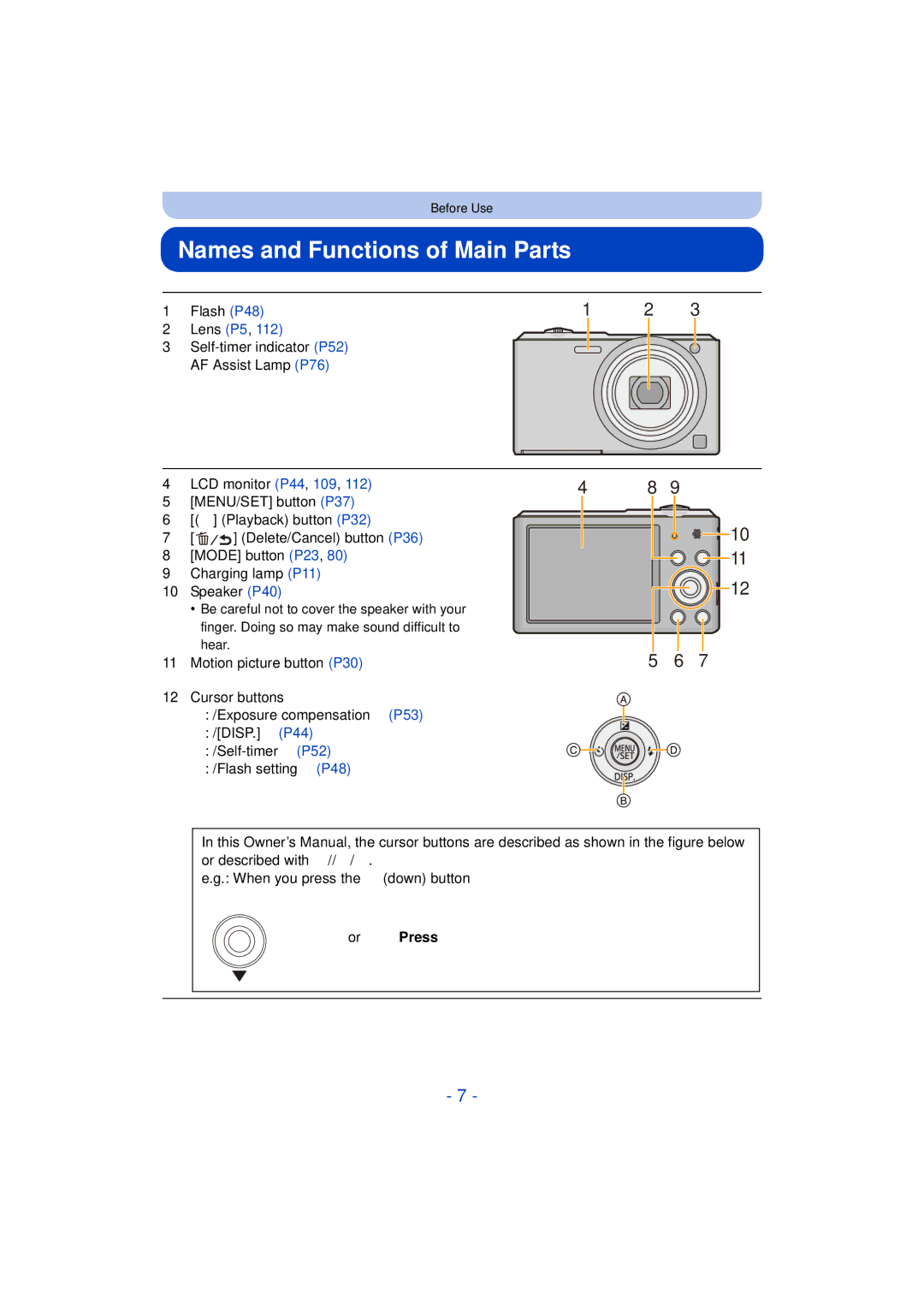 Panasonic DMC-SZ3 owner manual Names and Functions of Main Parts, Or Press 