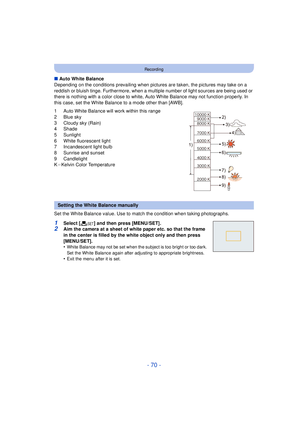 Panasonic DMC-SZ3 owner manual Auto White Balance, Setting the White Balance manually 