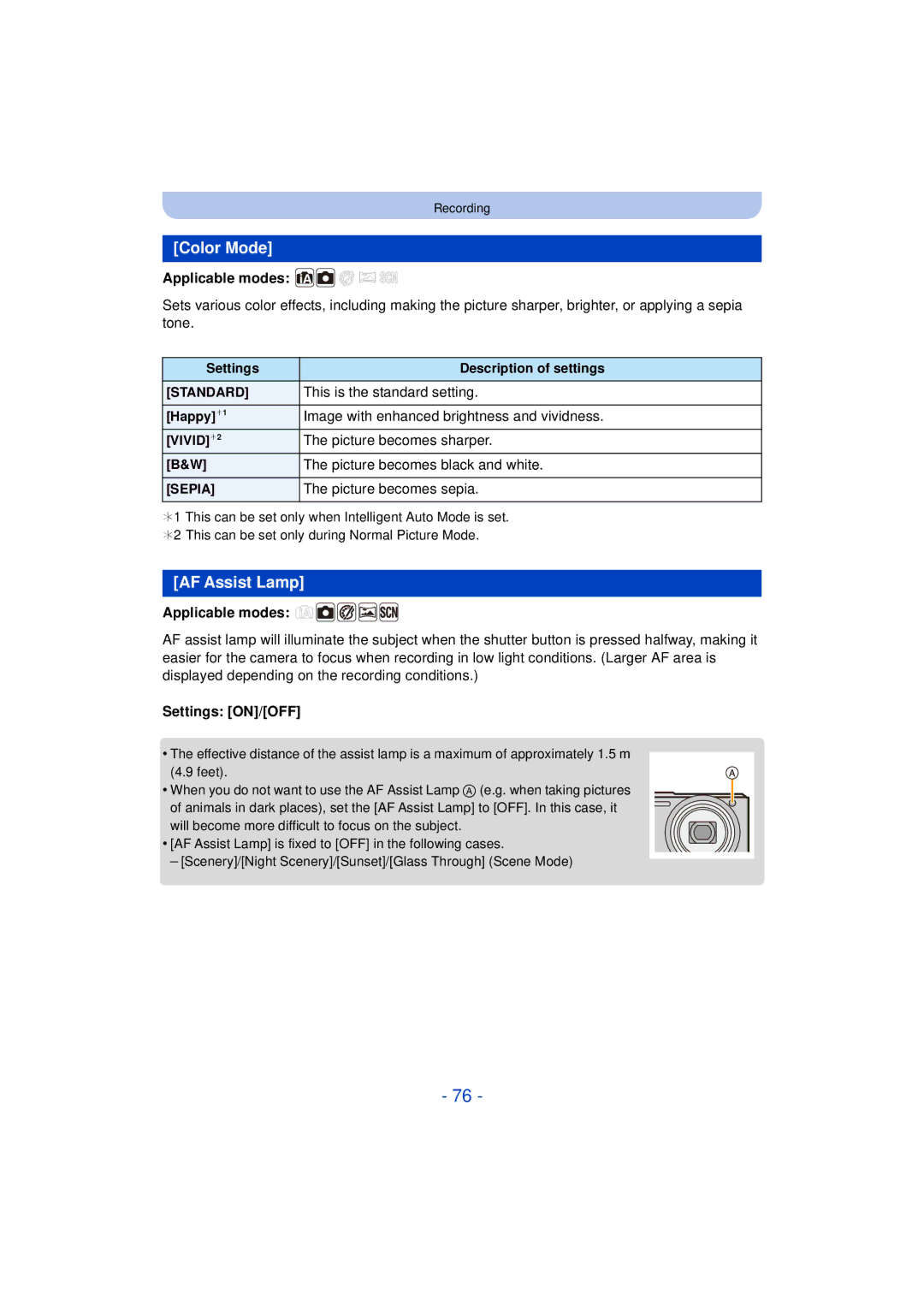 Panasonic DMC-SZ3 owner manual Color Mode, AF Assist Lamp 