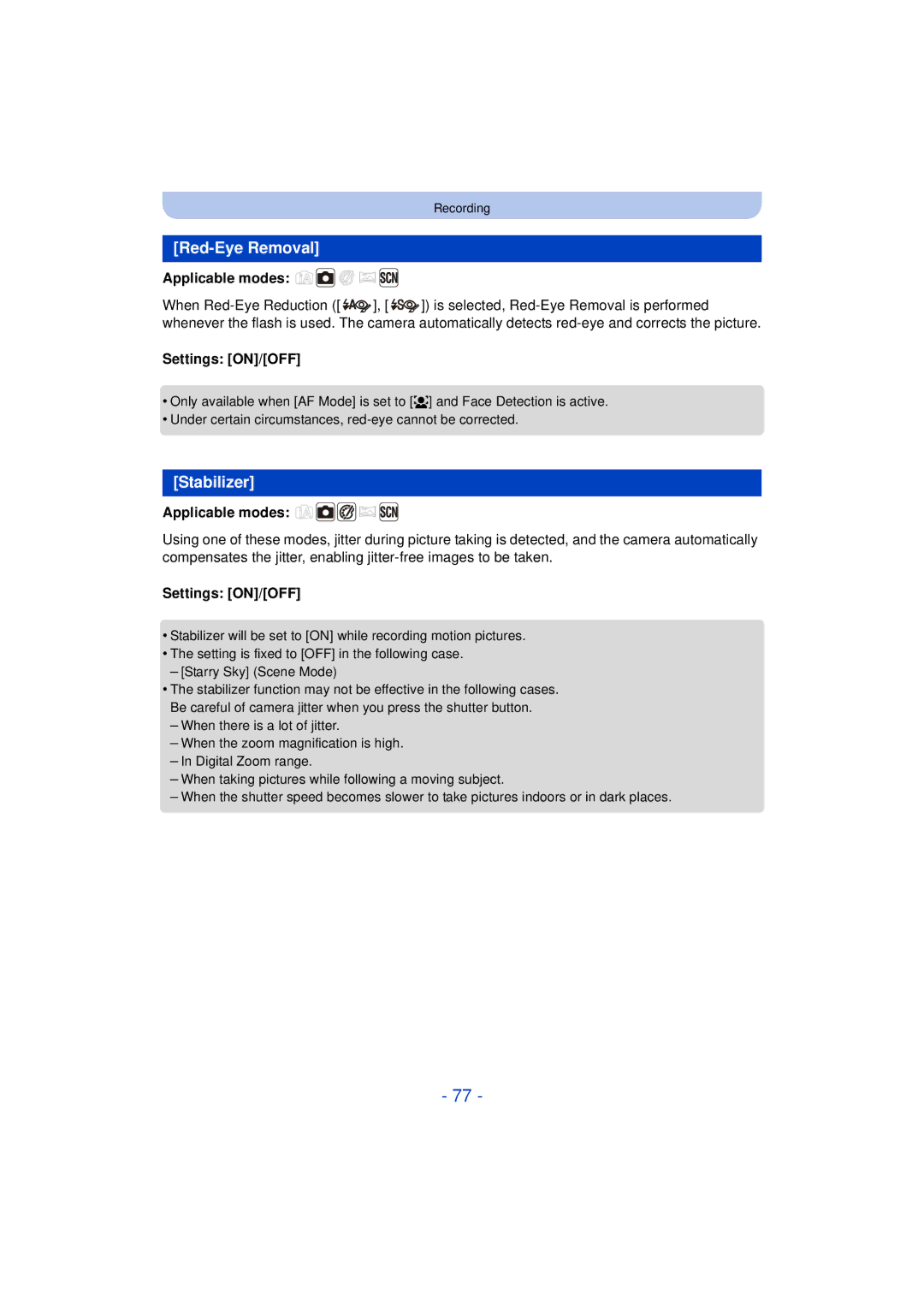 Panasonic DMC-SZ3 owner manual Red-Eye Removal, Stabilizer 