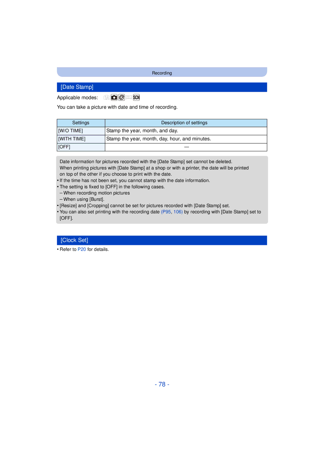 Panasonic DMC-SZ3 owner manual Date Stamp, Clock Set, You can take a picture with date and time of recording 