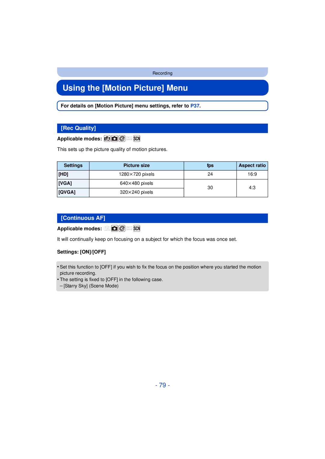 Panasonic DMC-SZ3 owner manual Using the Motion Picture Menu, Rec Quality, Continuous AF 