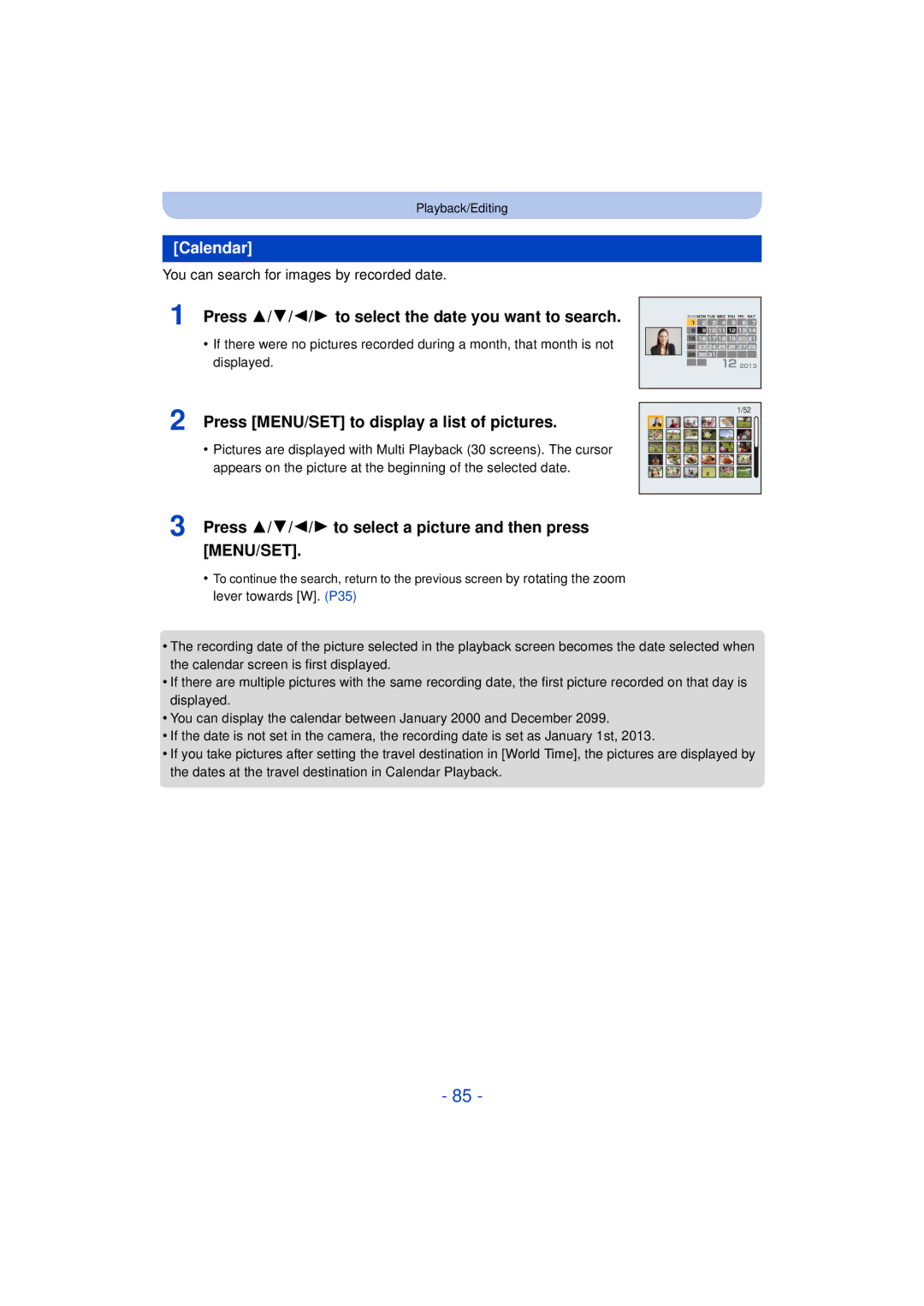 Panasonic DMC-SZ3 owner manual Calendar, Press 3/4/2/1 to select the date you want to search 