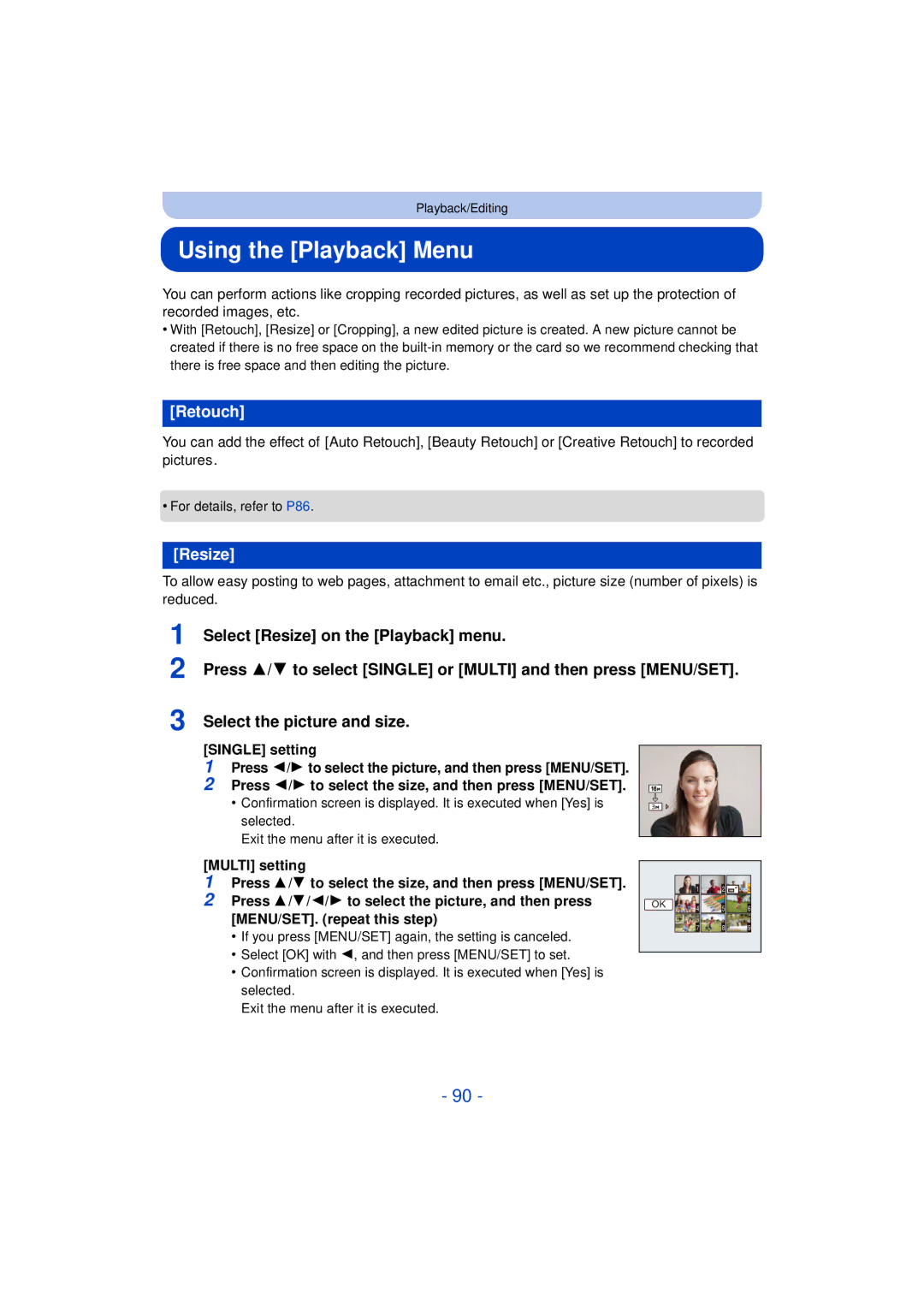 Panasonic DMC-SZ3 owner manual Using the Playback Menu, Retouch, Resize, Single setting, Multi setting 