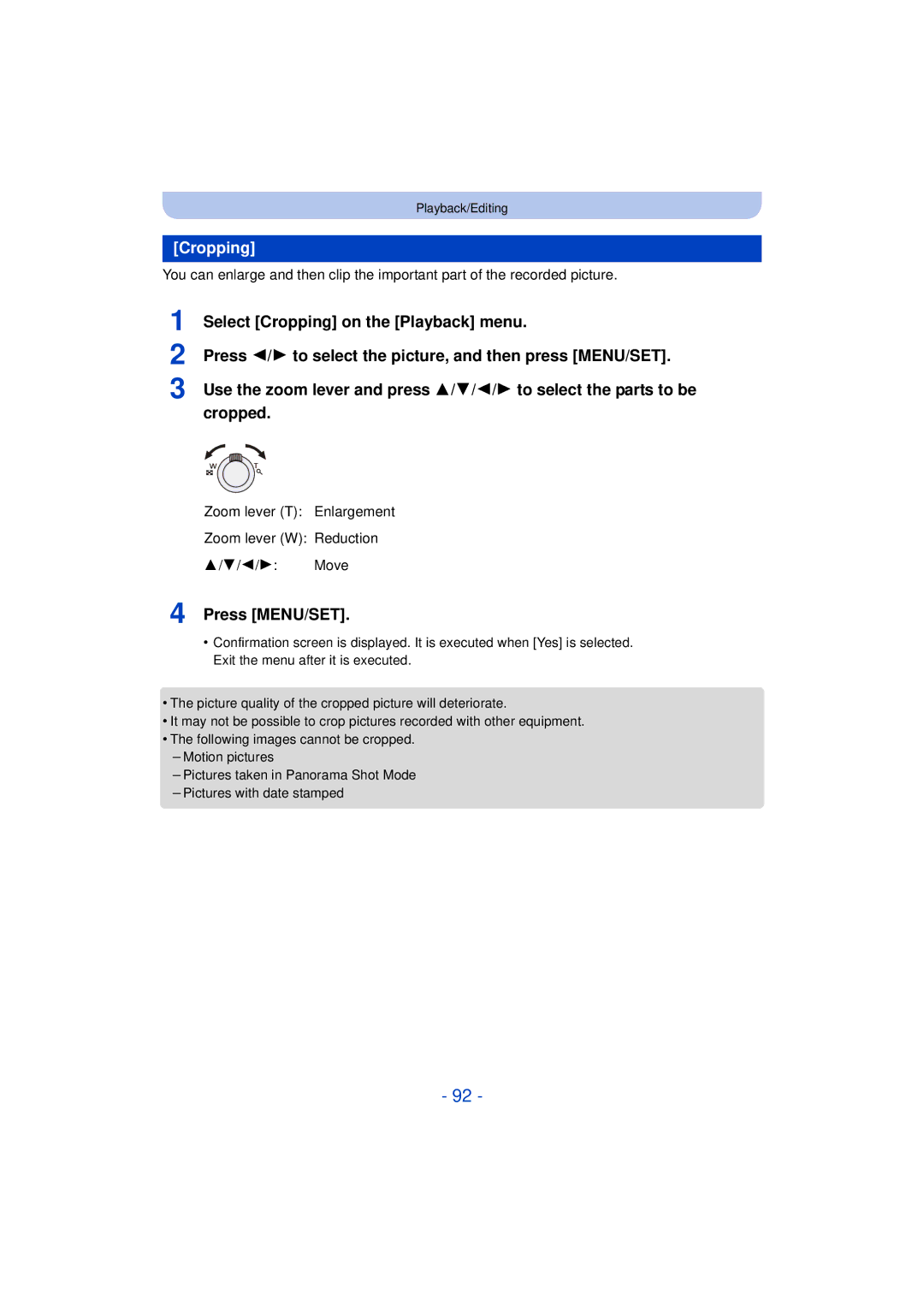 Panasonic DMC-SZ3 owner manual Cropping, Zoom lever T Enlargement Zoom lever W Reduction 2/1 Move 