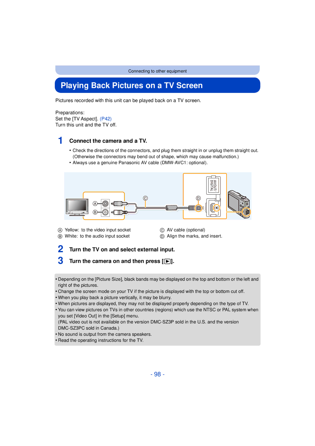 Panasonic DMC-SZ3 owner manual Playing Back Pictures on a TV Screen, Connect the camera and a TV 