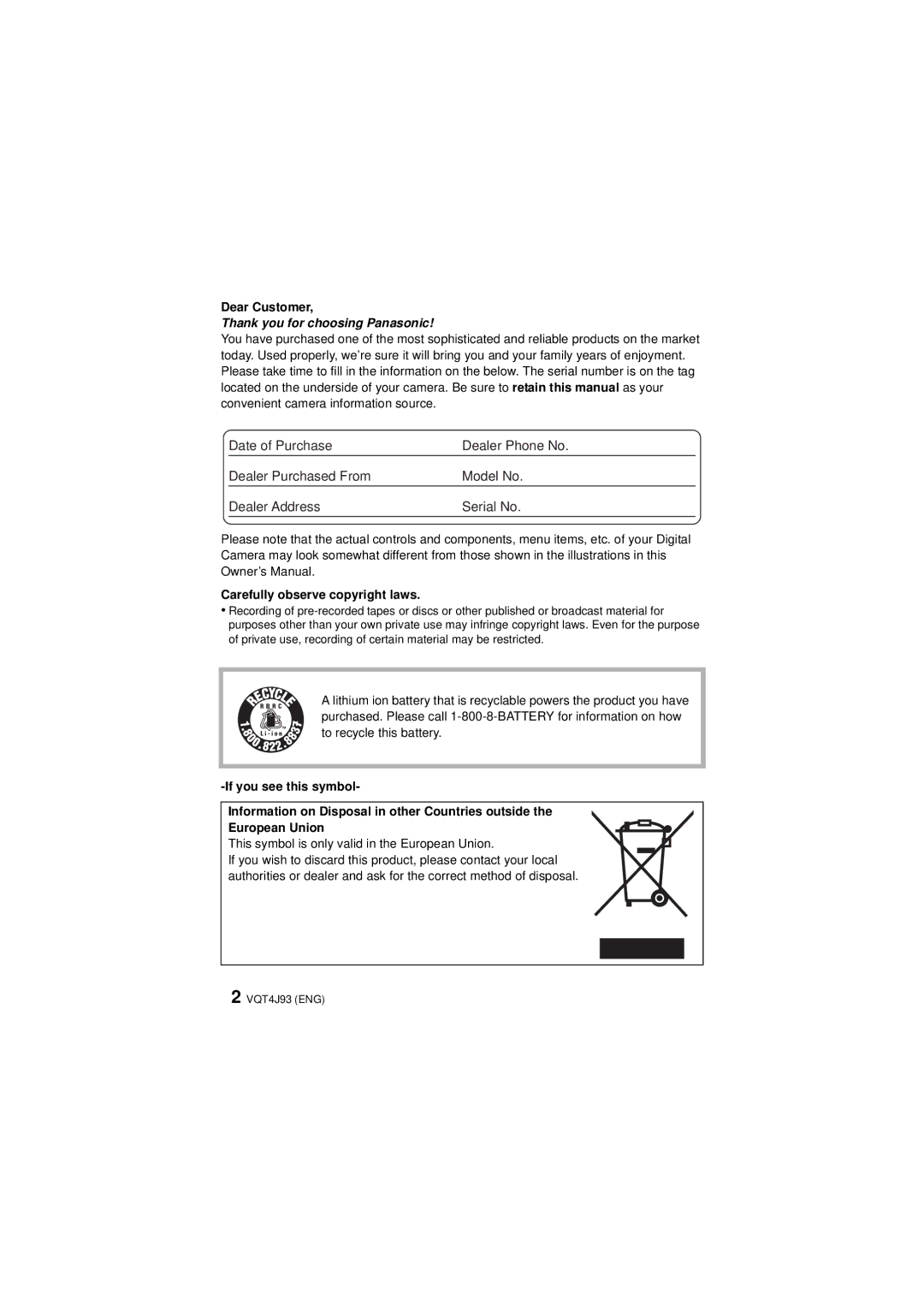 Panasonic DMC-SZ5K owner manual Dear Customer, Carefully observe copyright laws 