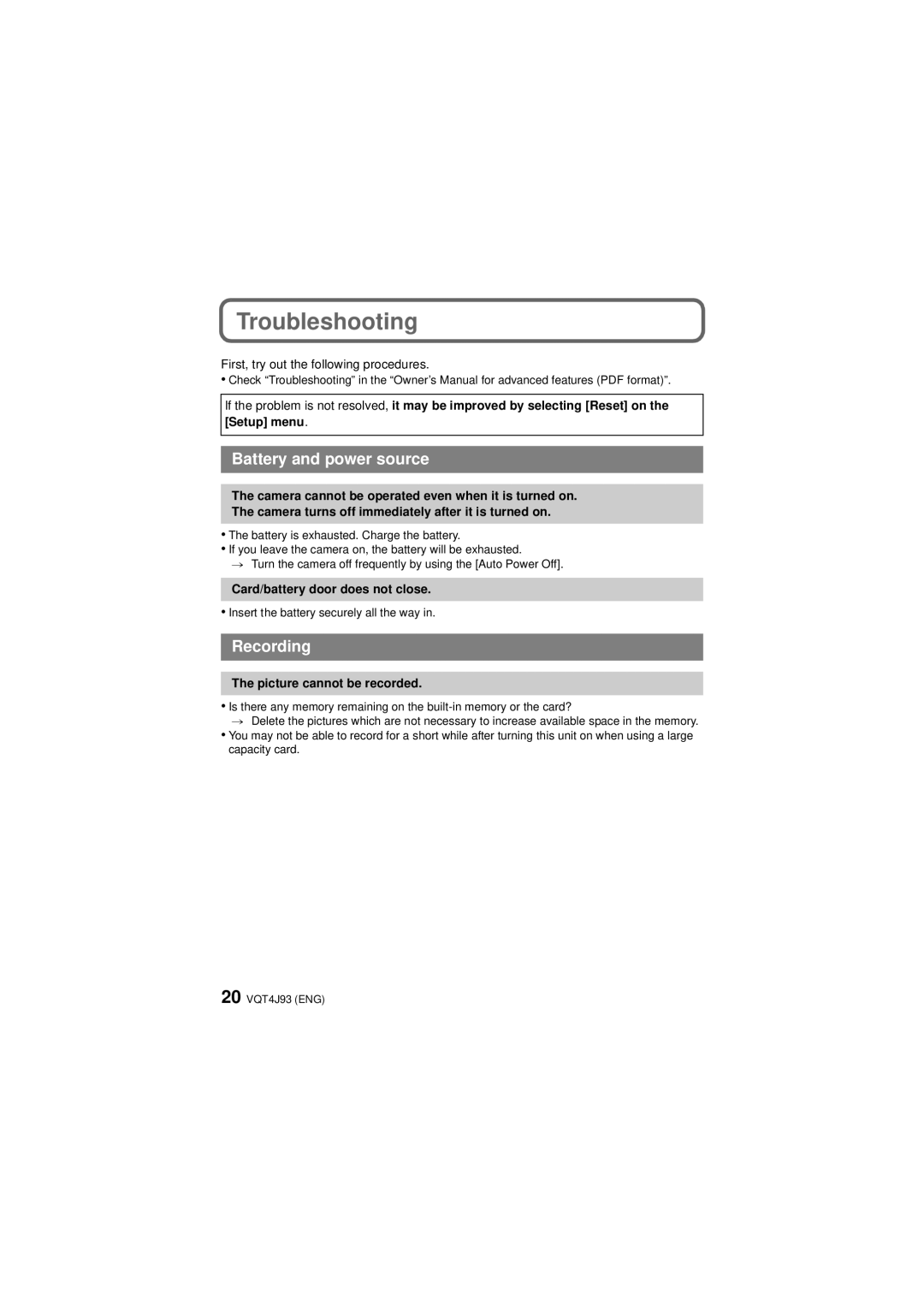 Panasonic DMC-SZ5K owner manual Troubleshooting, Card/battery door does not close, Picture cannot be recorded 