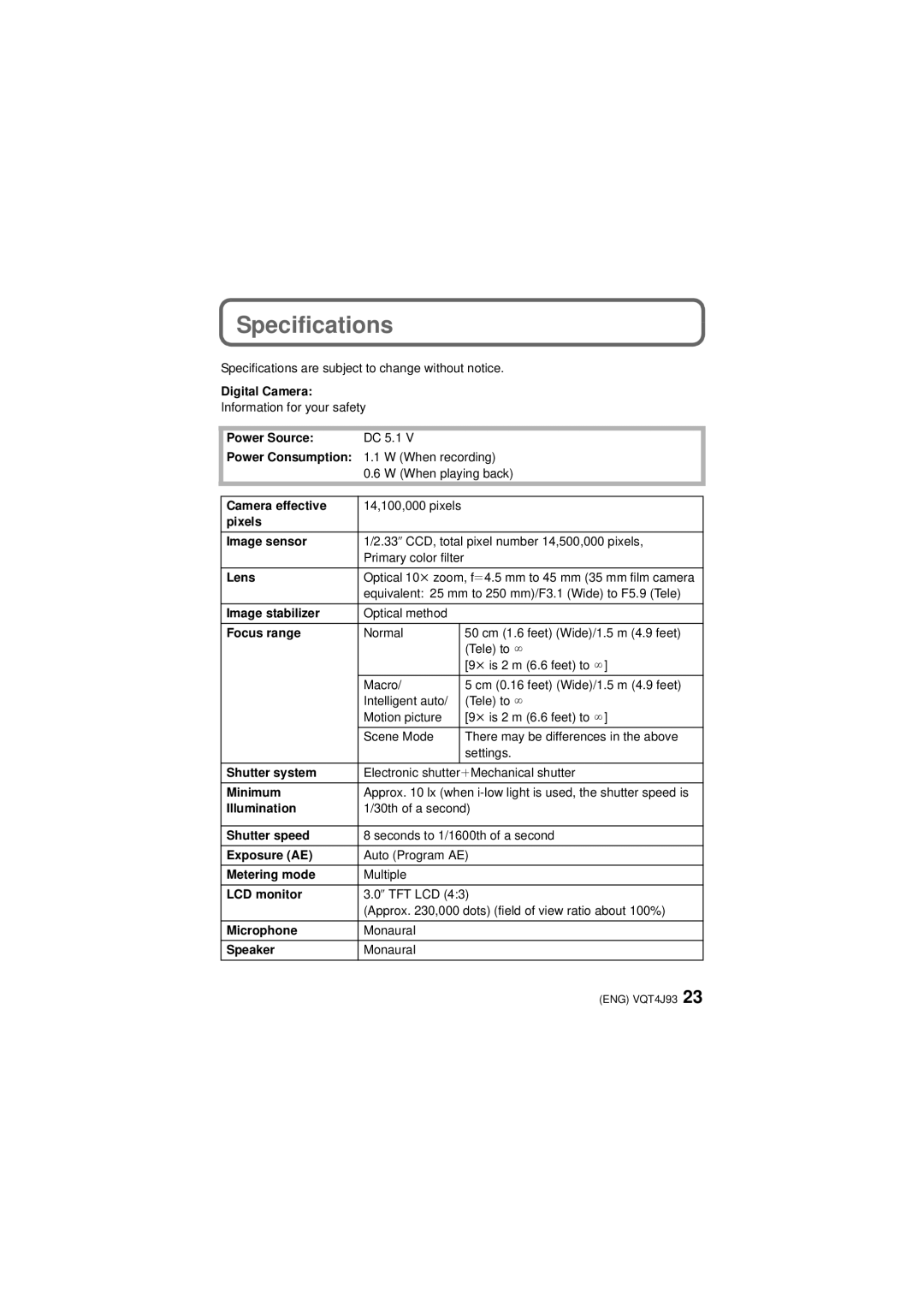 Panasonic DMC-SZ5K owner manual Specifications 