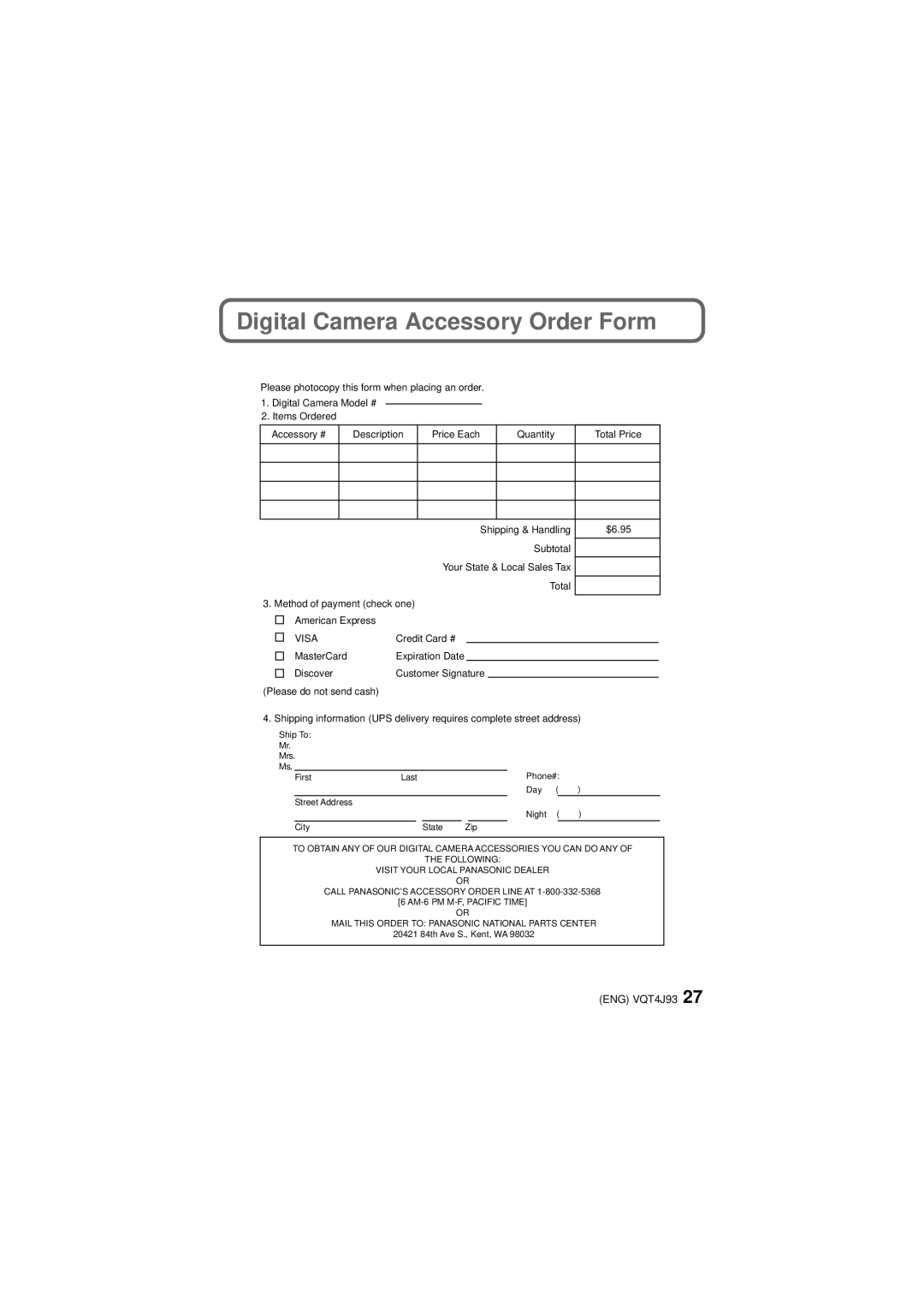 Panasonic DMC-SZ5K owner manual Digital Camera Accessory Order Form, Visa 