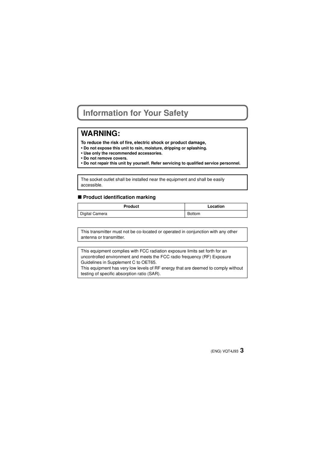 Panasonic DMC-SZ5K Information for Your Safety, Product identification marking, Product Location Digital Camera Bottom 