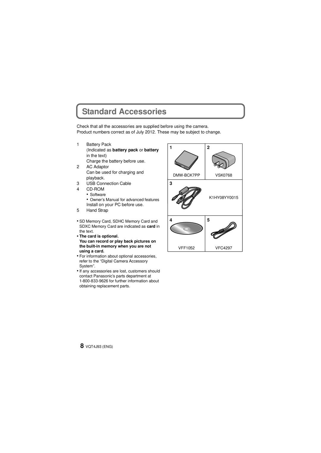 Panasonic DMC-SZ5K owner manual Standard Accessories, Cd-Rom 