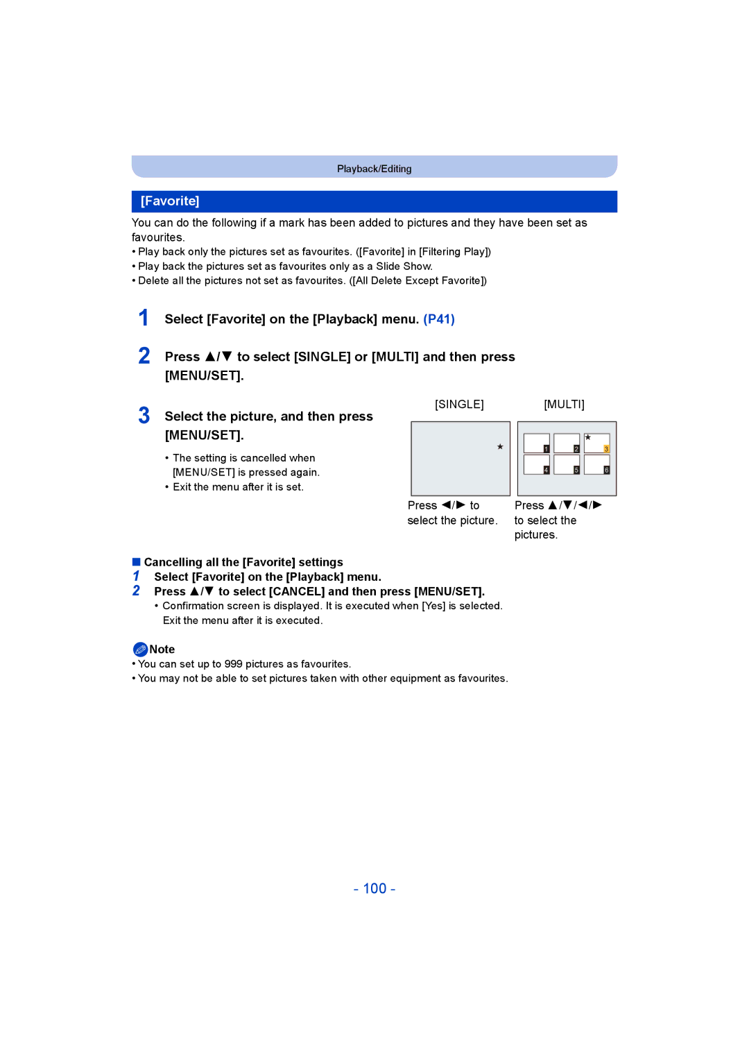 Panasonic DMC-SZ5 manual 100, Favorite, Press 2/1 to 