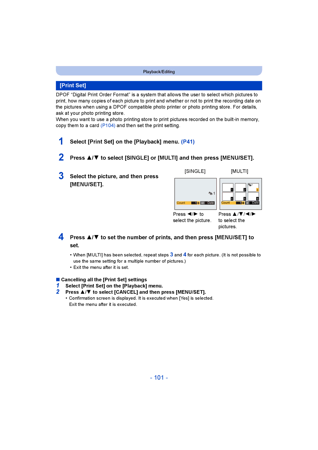 Panasonic DMC-SZ5 manual 101, Print Set 