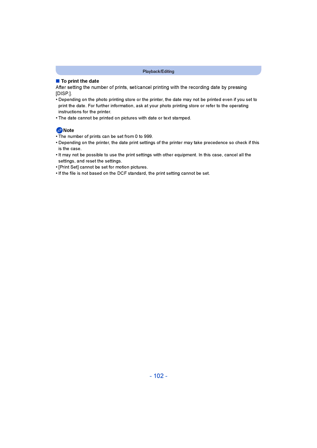 Panasonic DMC-SZ5 manual 102, To print the date 