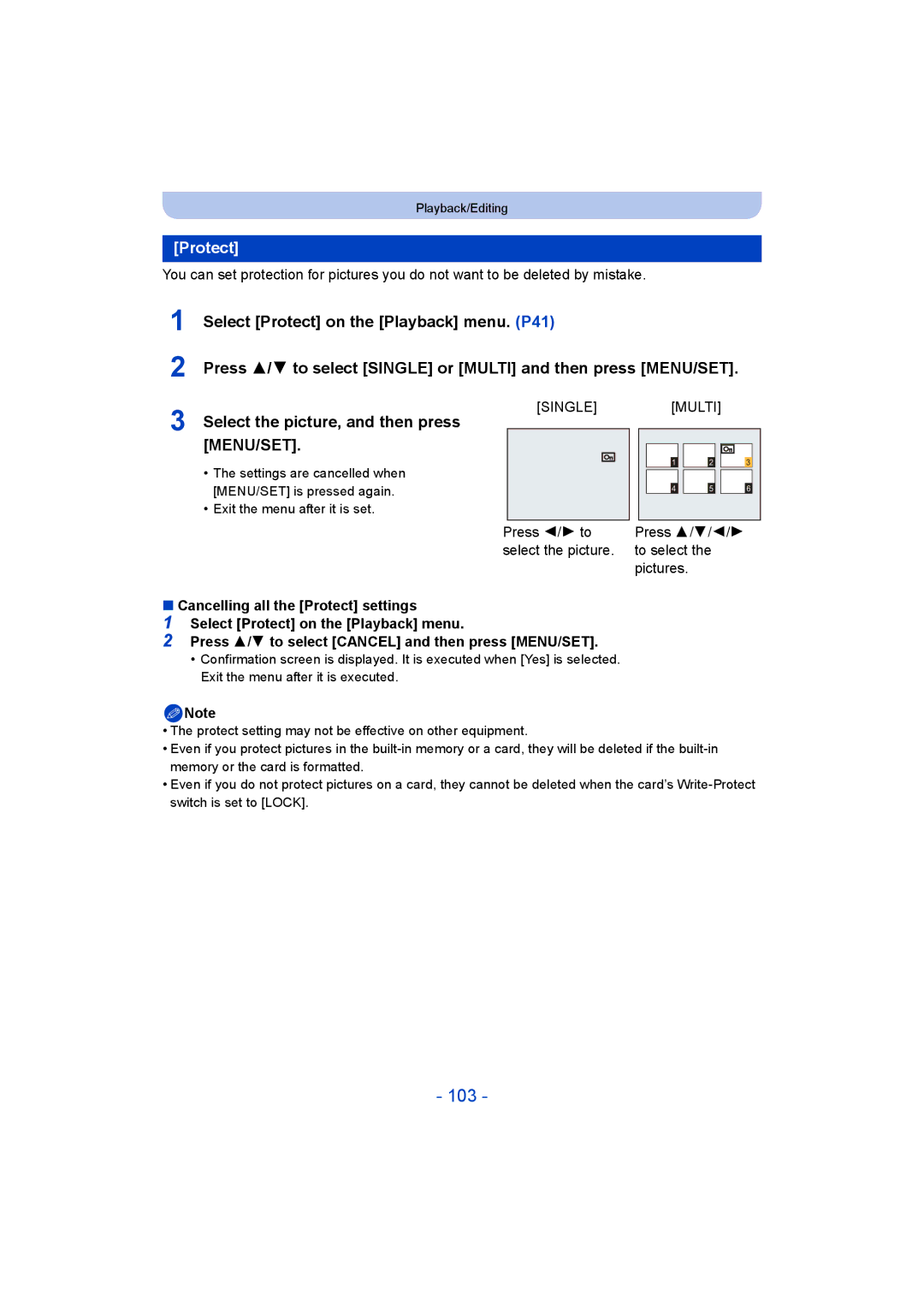 Panasonic DMC-SZ5 manual 103, Protect 