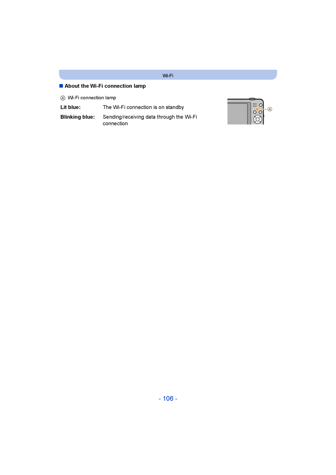 Panasonic DMC-SZ5 manual 106, About the Wi-Fi connection lamp 