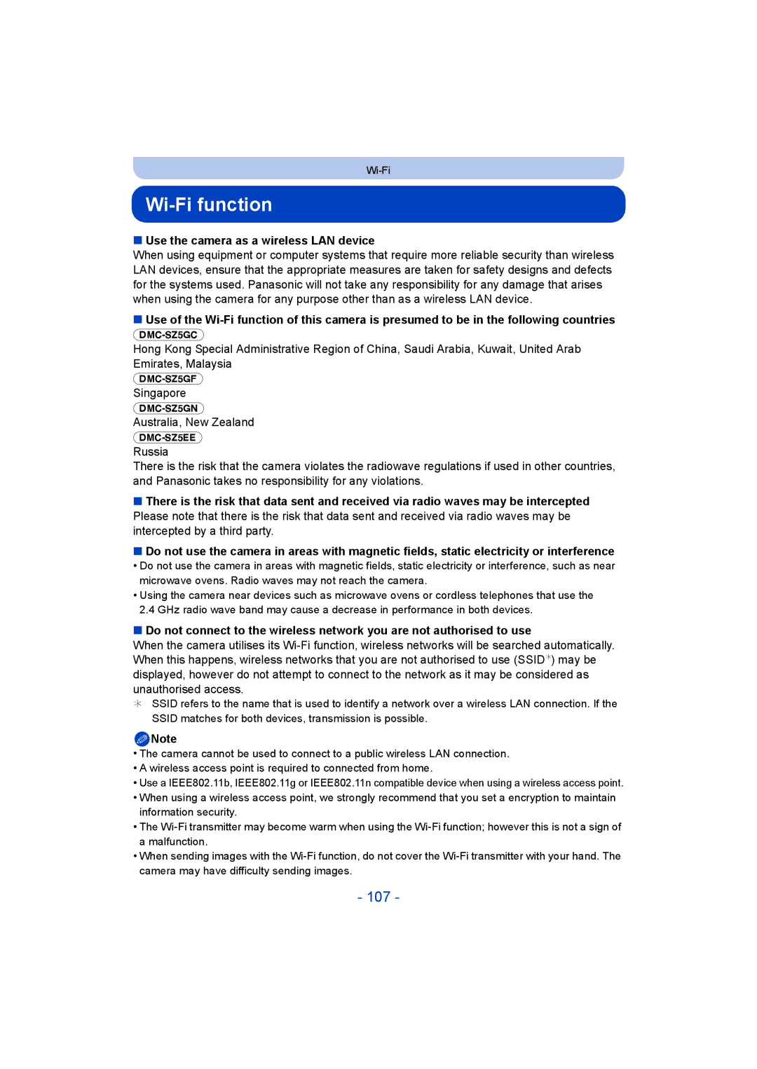 Panasonic DMC-SZ5 manual Wi-Fi function, 107, Use the camera as a wireless LAN device 