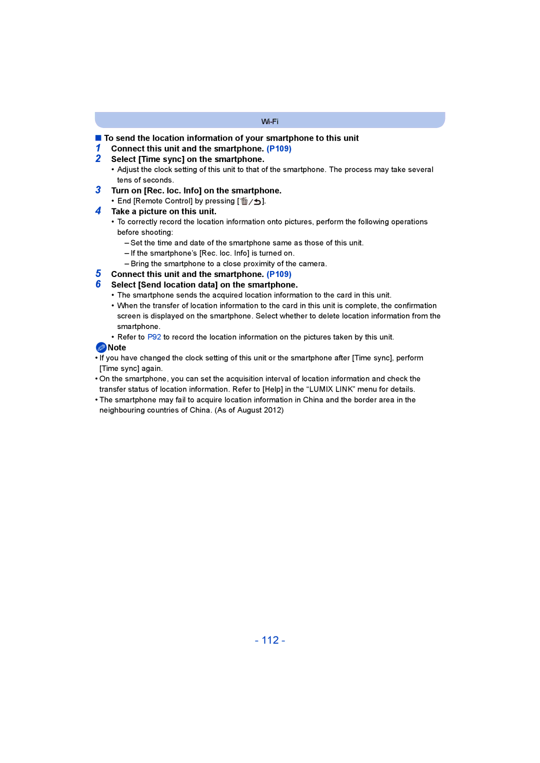 Panasonic DMC-SZ5 manual 112, Turn on Rec. loc. Info on the smartphone, Take a picture on this unit 