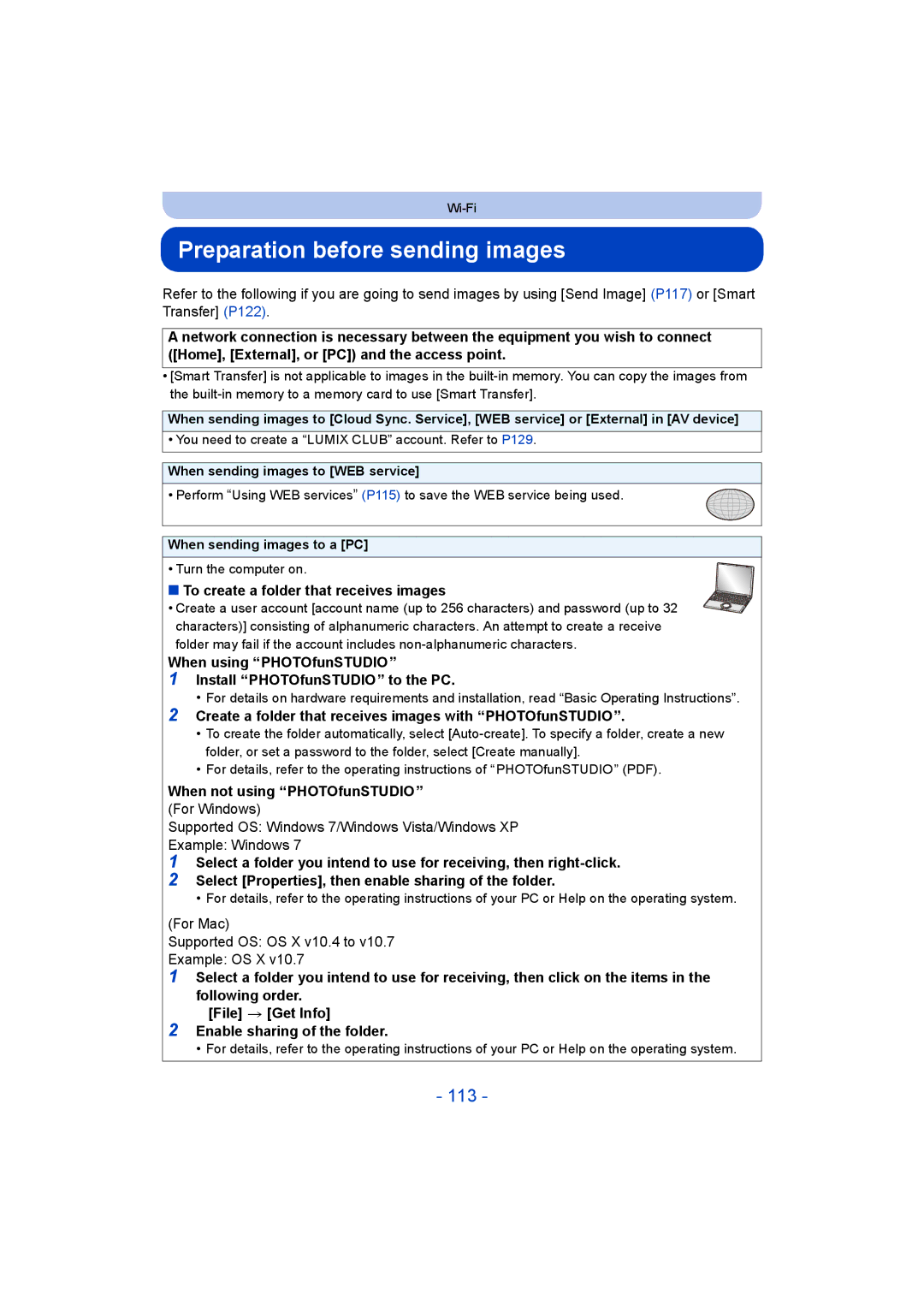 Panasonic DMC-SZ5 manual Preparation before sending images, 113 