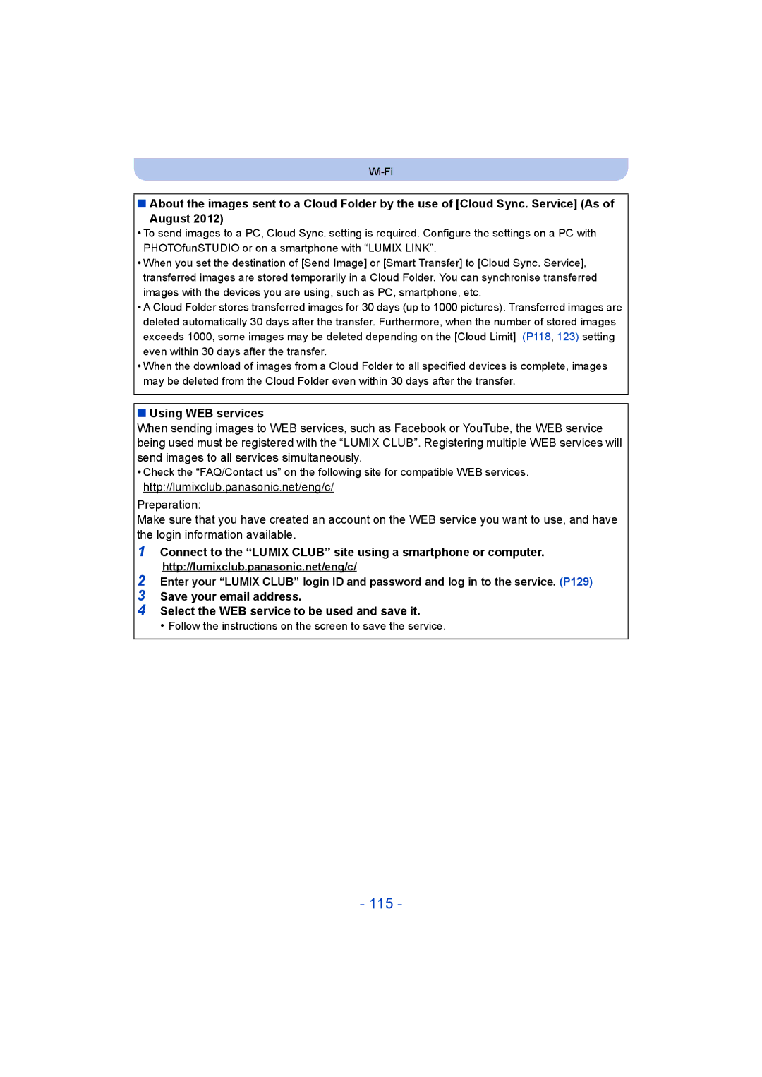 Panasonic DMC-SZ5 manual 115, August, Using WEB services 