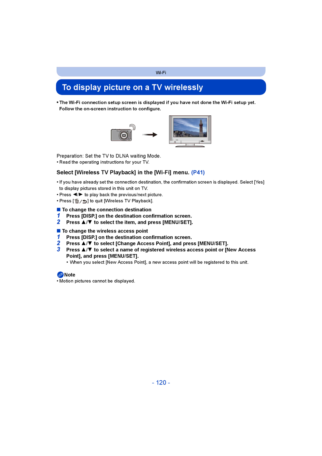 Panasonic DMC-SZ5 manual To display picture on a TV wirelessly, 120, Select Wireless TV Playback in the Wi-Fi menu. P41 