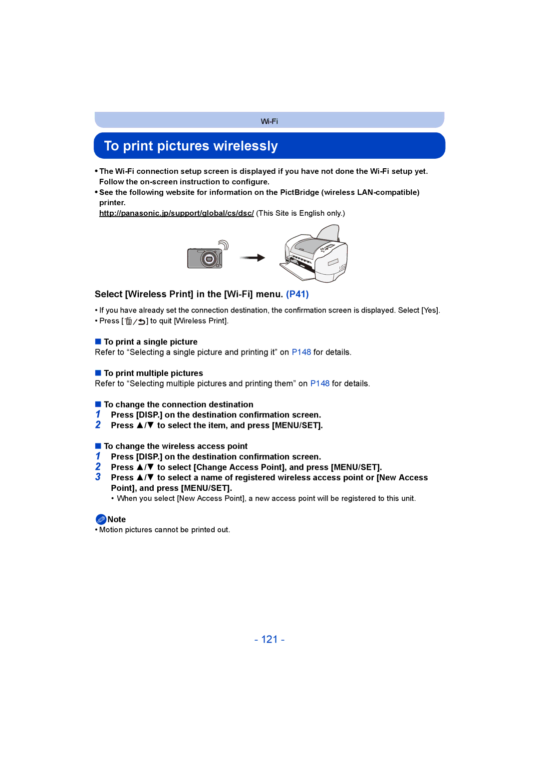 Panasonic DMC-SZ5 manual To print pictures wirelessly, 121, Select Wireless Print in the Wi-Fi menu. P41 