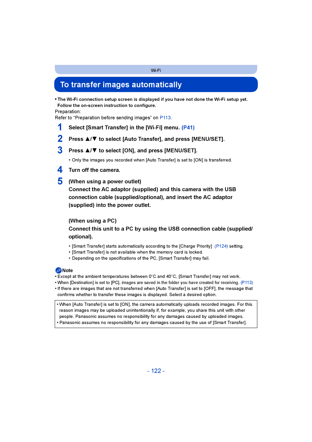 Panasonic DMC-SZ5 manual To transfer images automatically, 122 