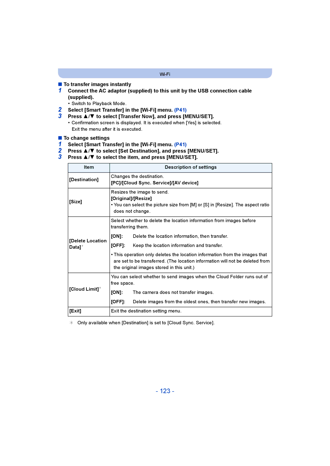 Panasonic DMC-SZ5 manual 123, Transferring them, Exit Exit the destination setting menu 