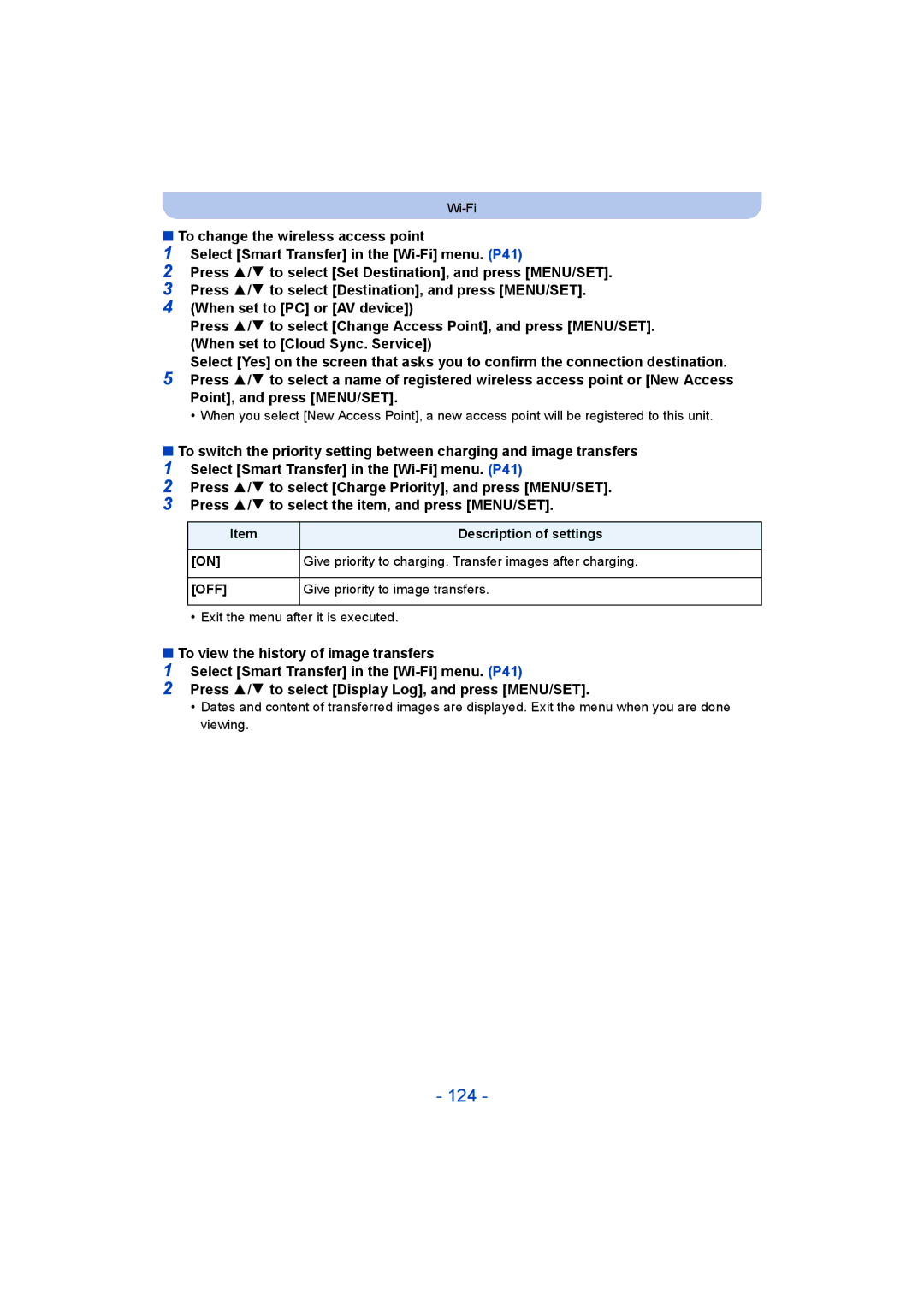 Panasonic DMC-SZ5 manual 124, Give priority to charging. Transfer images after charging, Give priority to image transfers 