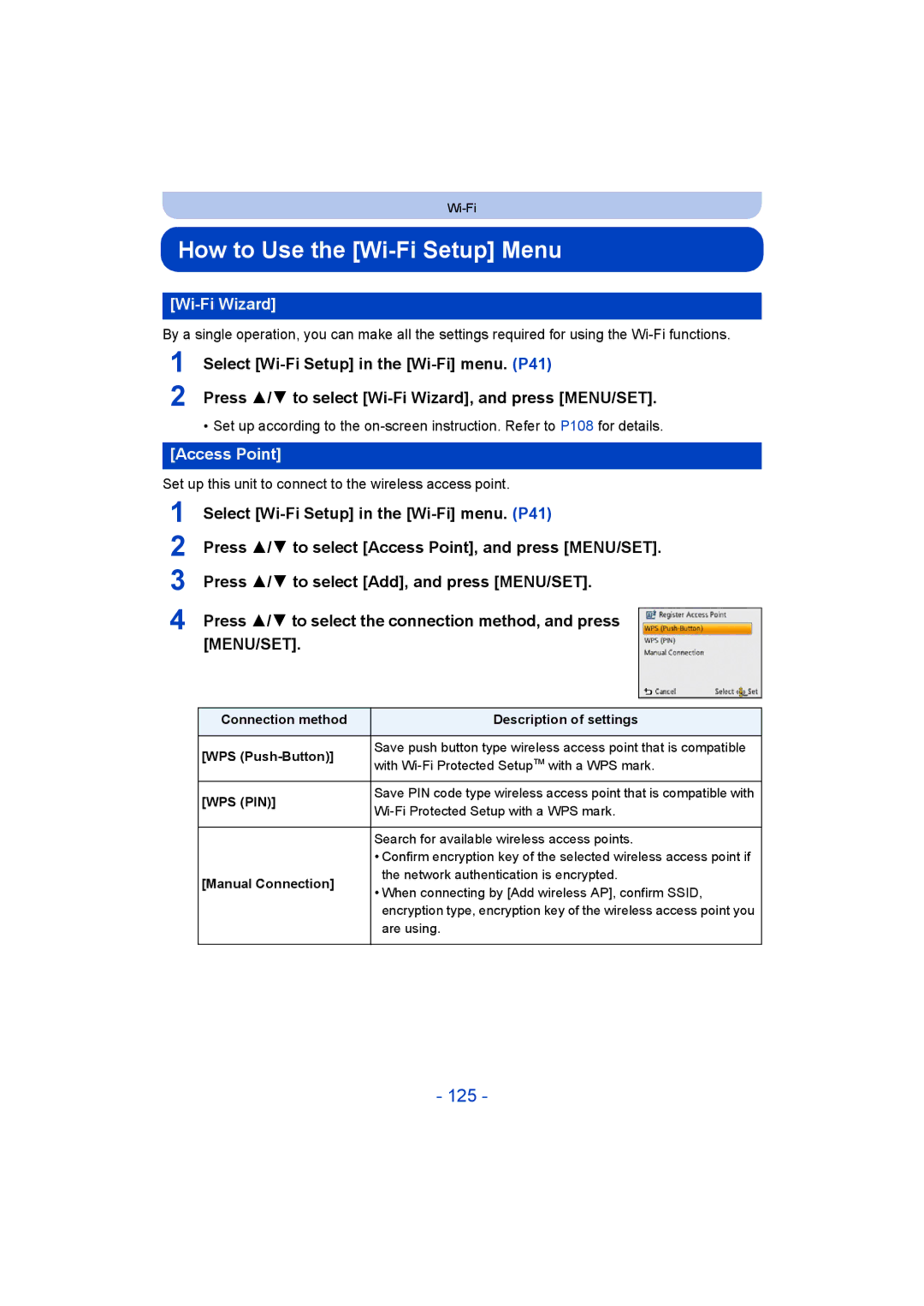 Panasonic DMC-SZ5 manual How to Use the Wi-Fi Setup Menu, 125, Wi-Fi Wizard, Access Point 