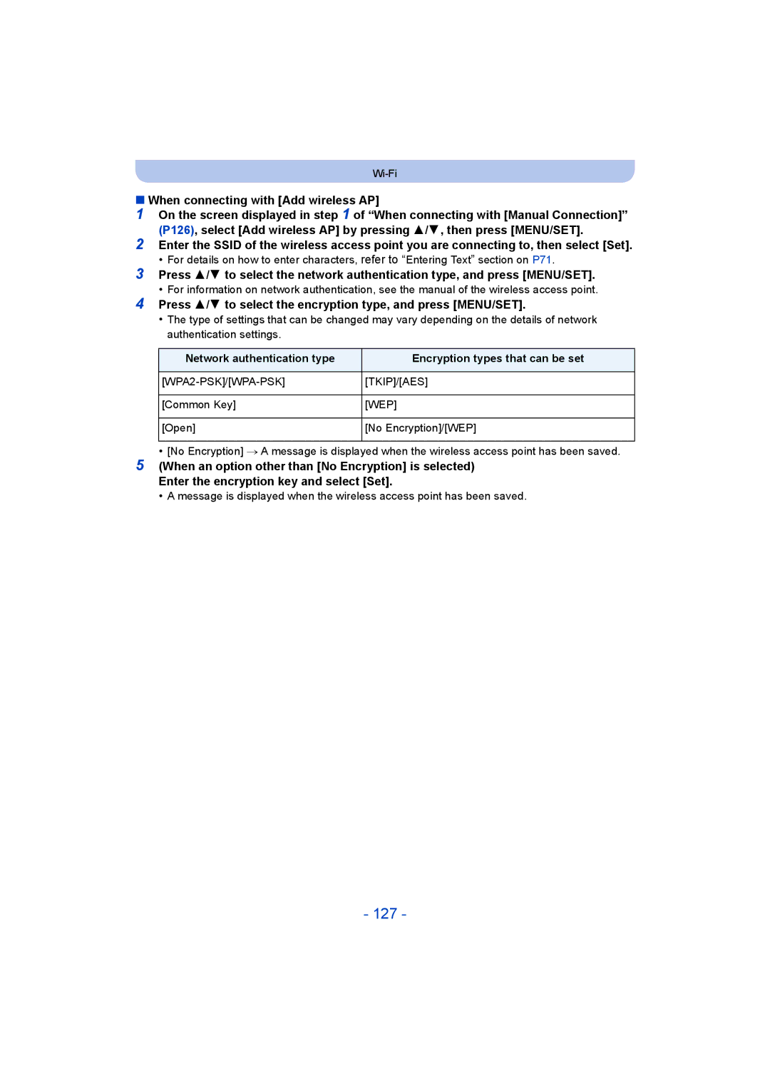 Panasonic DMC-SZ5 127, When connecting with Add wireless AP, Press 3/4 to select the encryption type, and press MENU/SET 