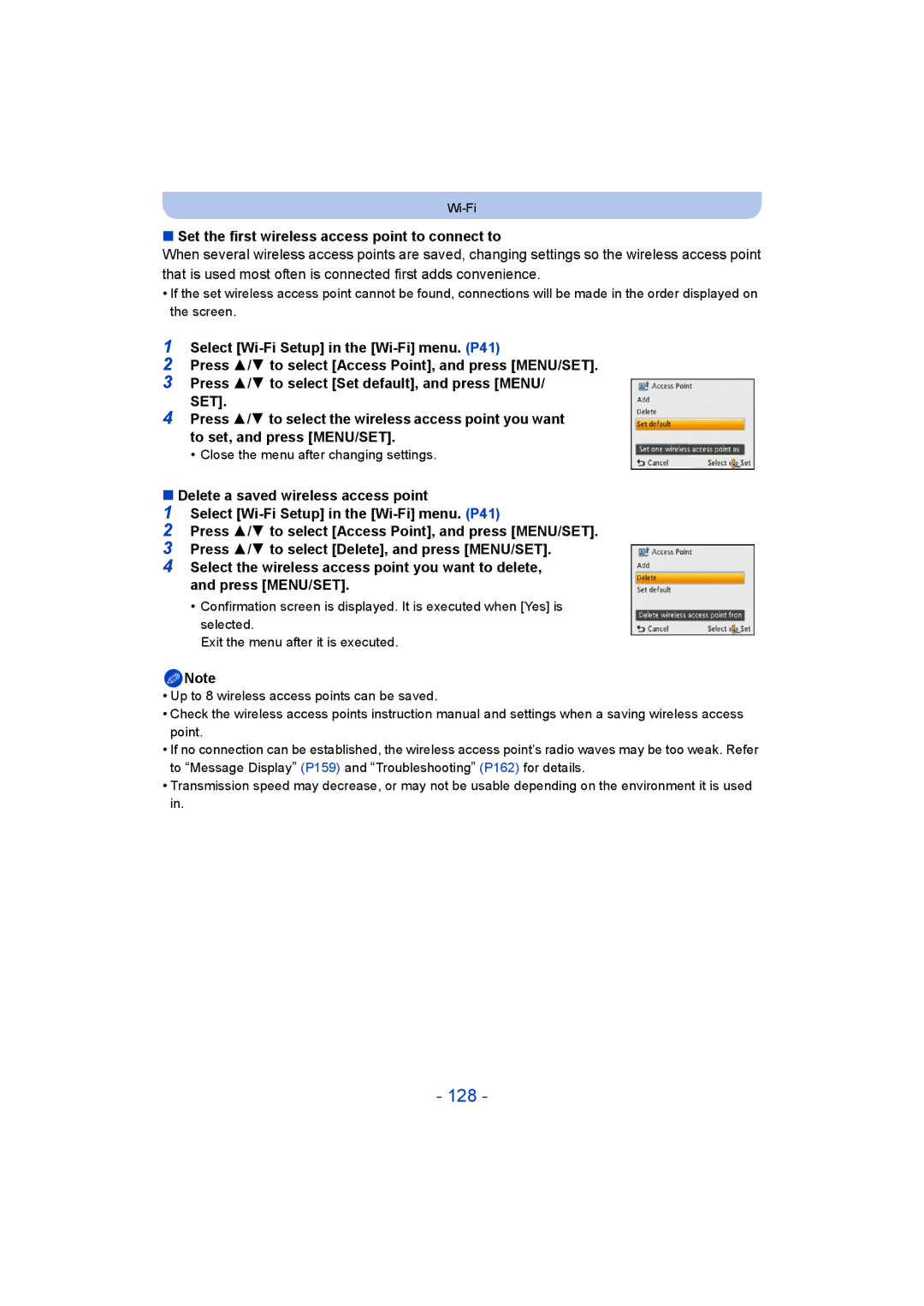 Panasonic DMC-SZ5 manual 128, Set the first wireless access point to connect to 