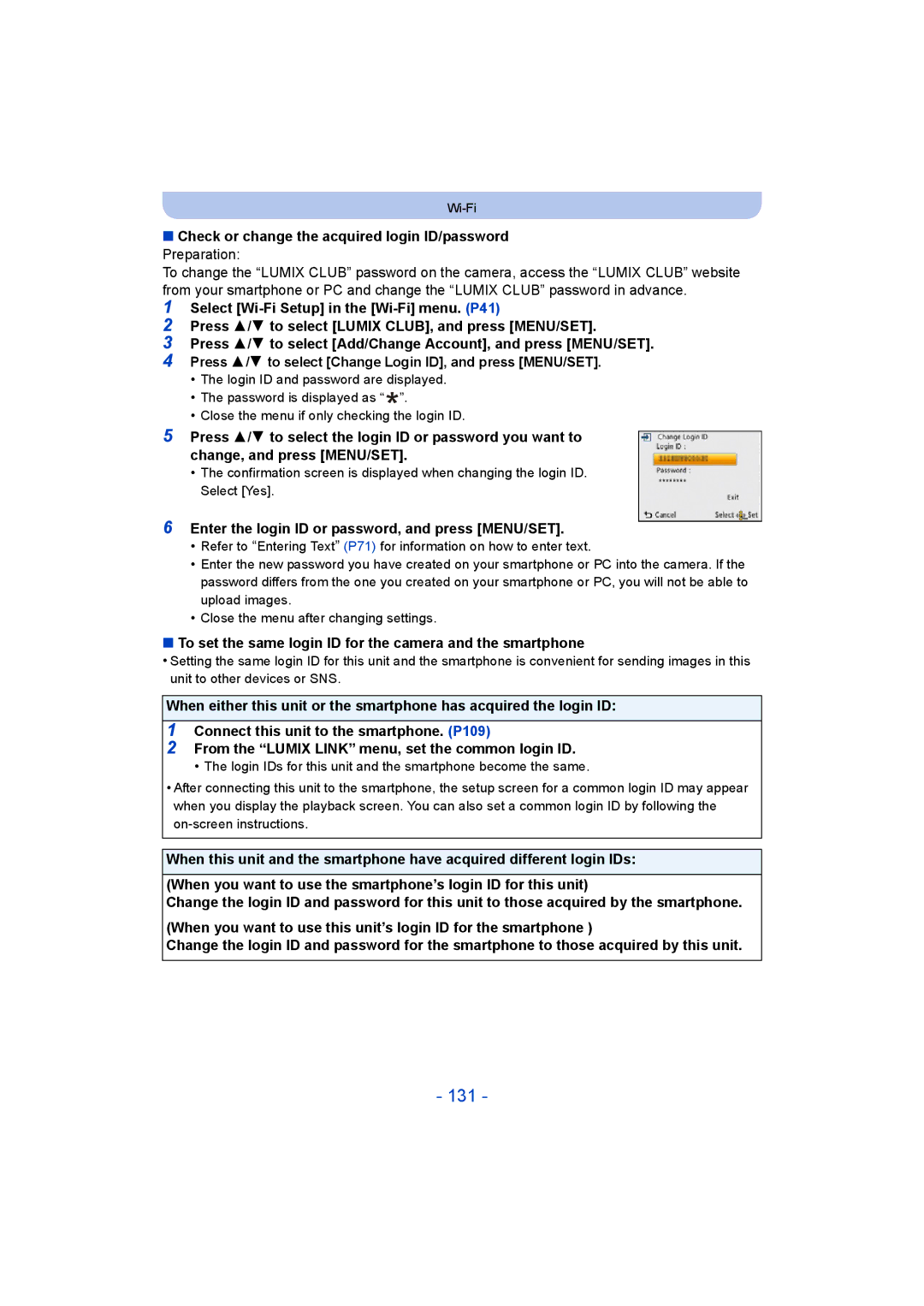 Panasonic DMC-SZ5 manual 131, Check or change the acquired login ID/password Preparation 