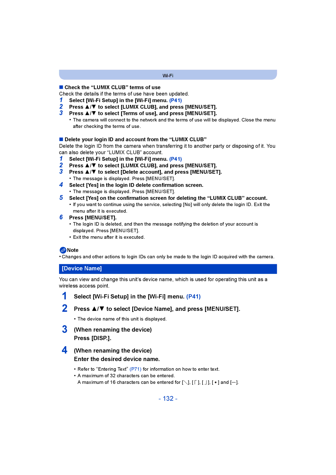 Panasonic DMC-SZ5 manual 132, Device Name, Check the Lumix Club terms of use 