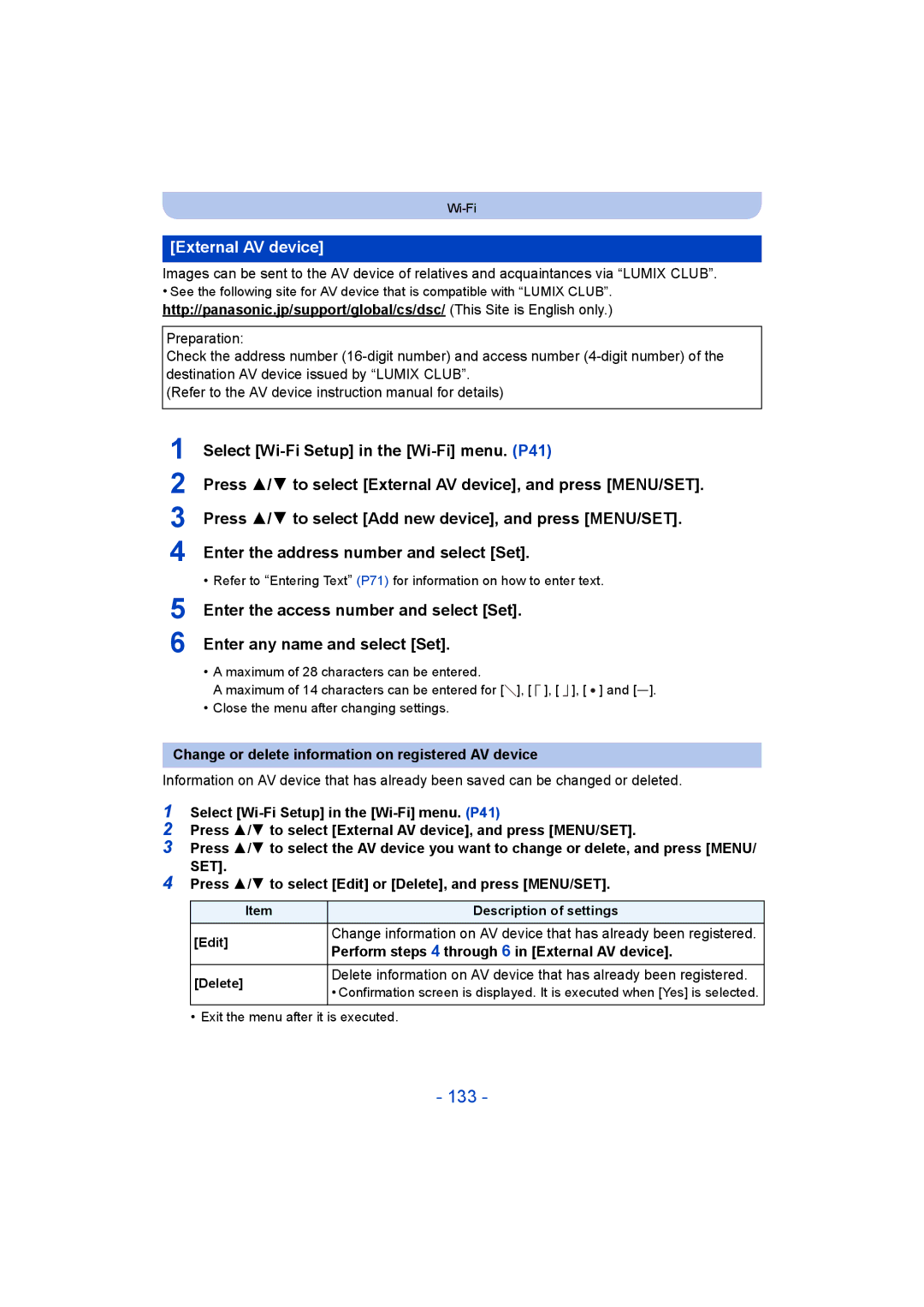 Panasonic DMC-SZ5 manual 133, External AV device, Change or delete information on registered AV device 