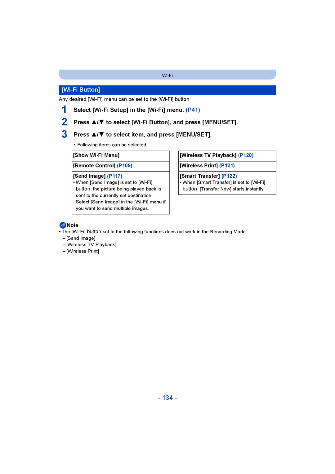 Panasonic DMC-SZ5 manual 134, Wi-Fi Button, Any desired Wi-Fi menu can be set to the Wi-Fibutton 