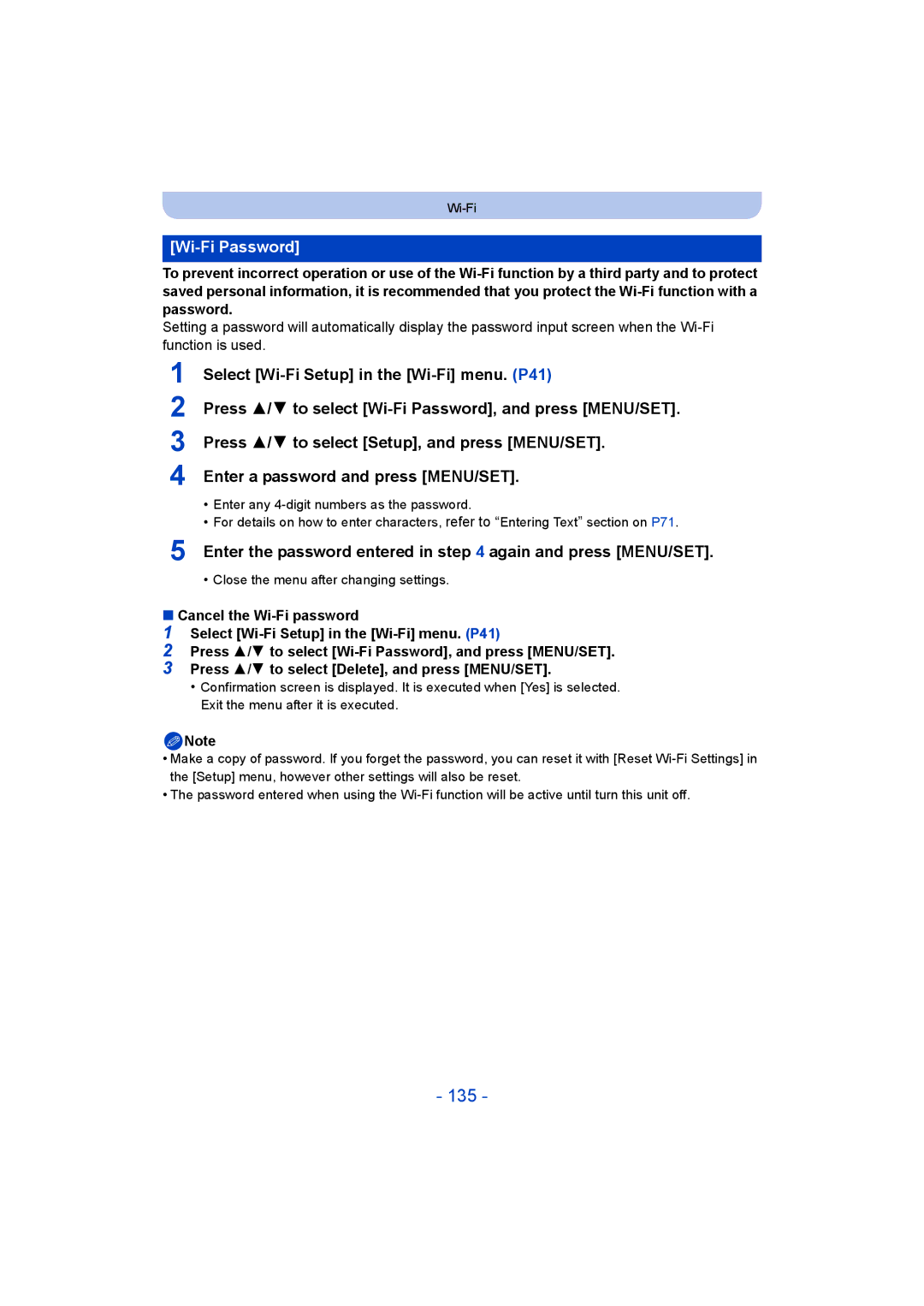 Panasonic DMC-SZ5 manual 135, Wi-Fi Password, Enter the password entered in again and press MENU/SET 