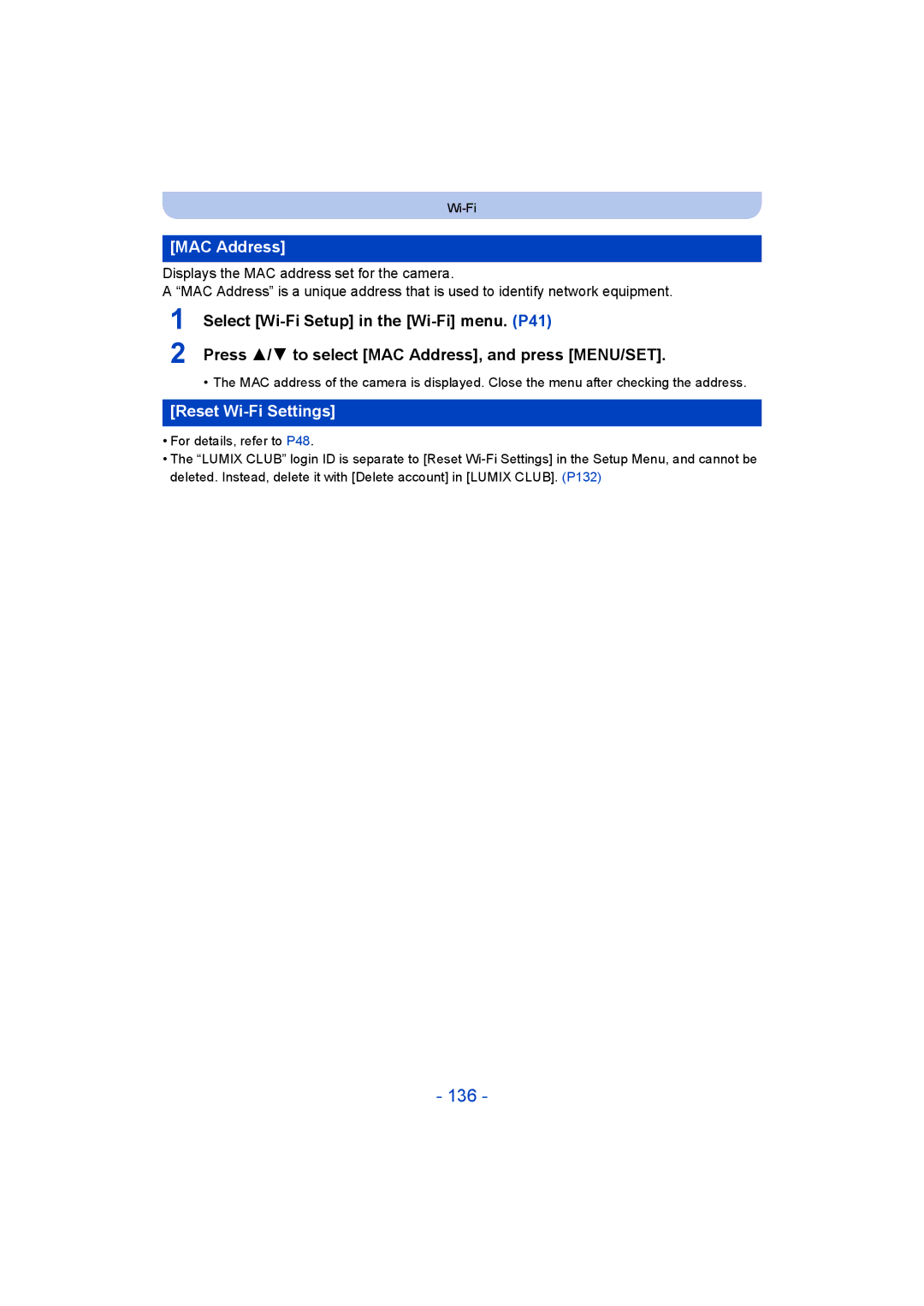 Panasonic DMC-SZ5 manual 136, MAC Address, Reset Wi-Fi Settings 