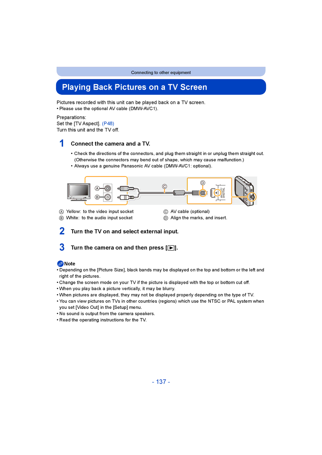 Panasonic DMC-SZ5 manual Playing Back Pictures on a TV Screen, 137, Connect the camera and a TV 