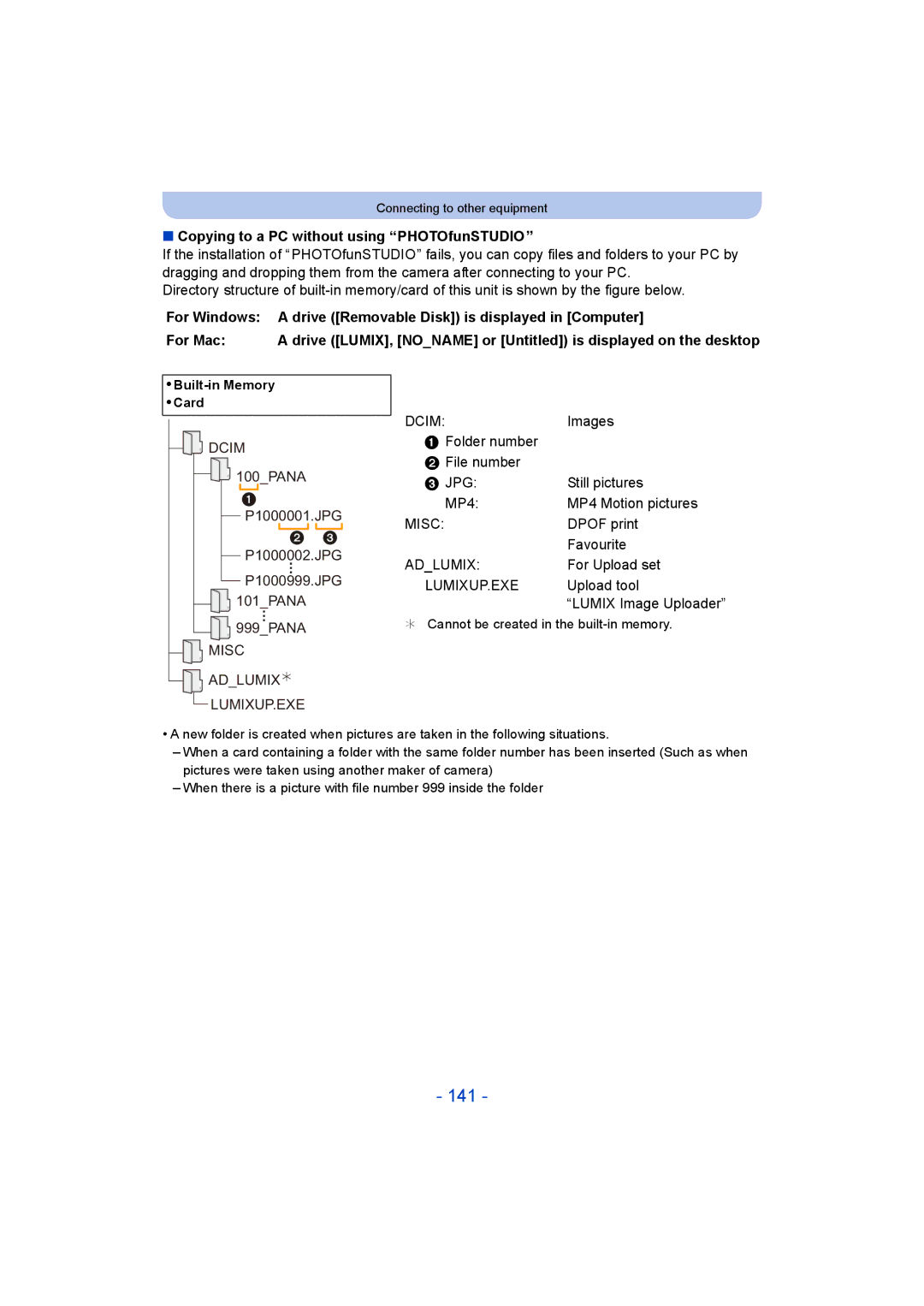 Panasonic DMC-SZ5 manual 141, Copying to a PC without using PHOTOfunSTUDIO 