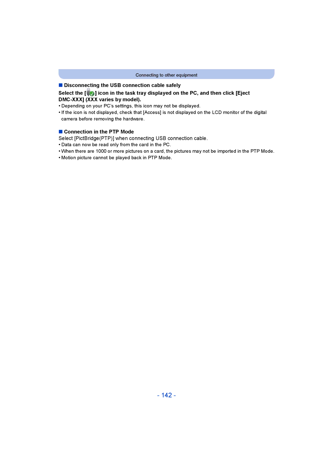 Panasonic DMC-SZ5 manual 142, Connection in the PTP Mode, Select PictBridgePTP when connecting USB connection cable 