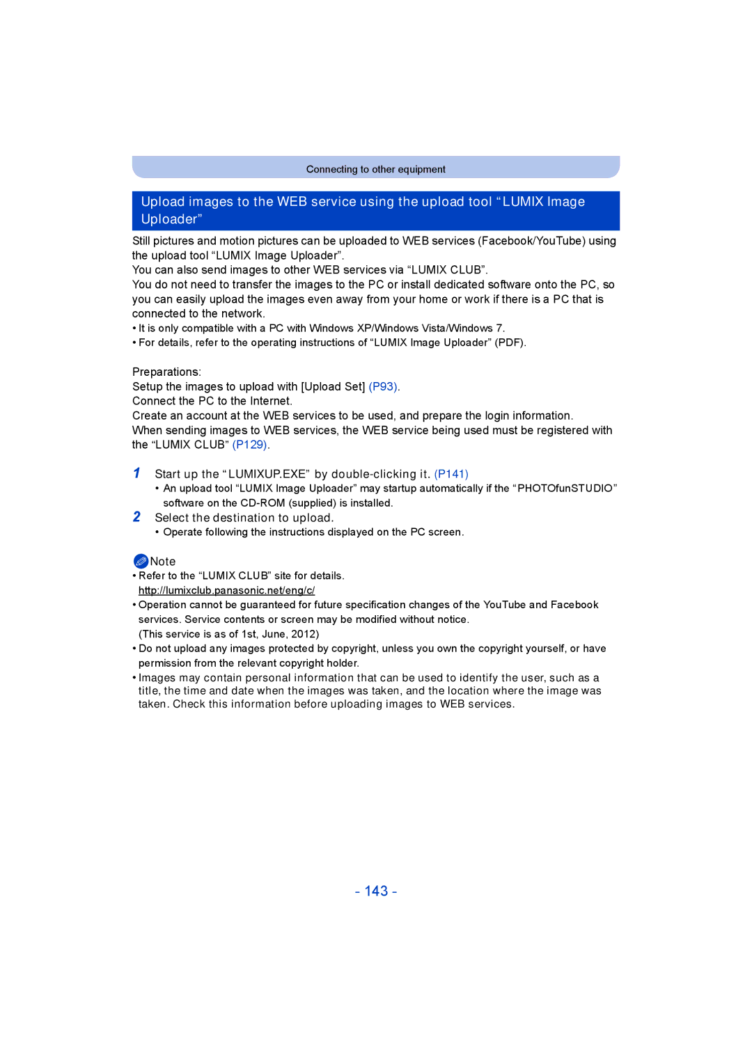 Panasonic DMC-SZ5 manual 143, Start up the LUMIXUP.EXE by double-clicking it. P141, Select the destination to upload 