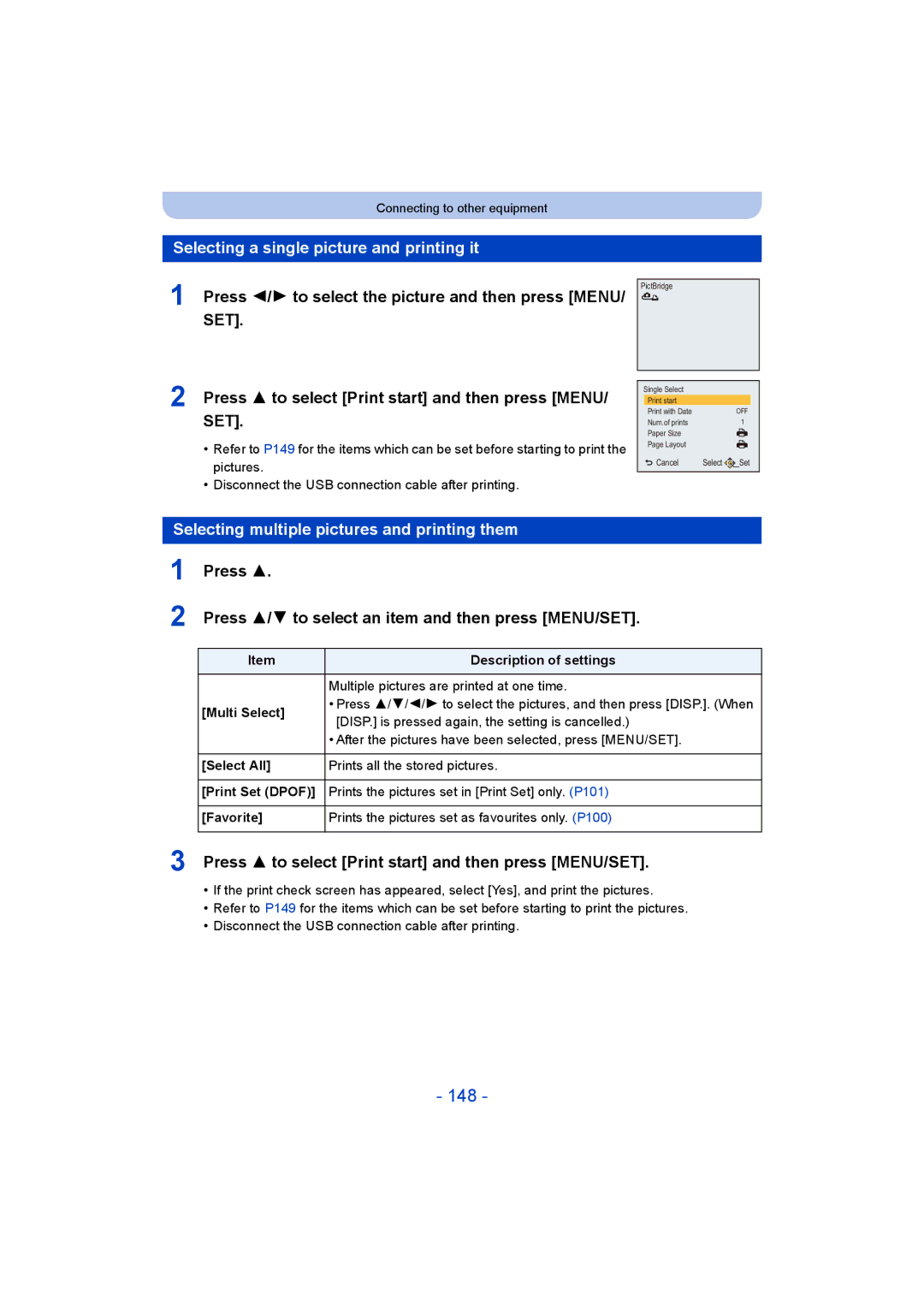 Panasonic DMC-SZ5 manual 148, Selecting a single picture and printing it, Selecting multiple pictures and printing them 