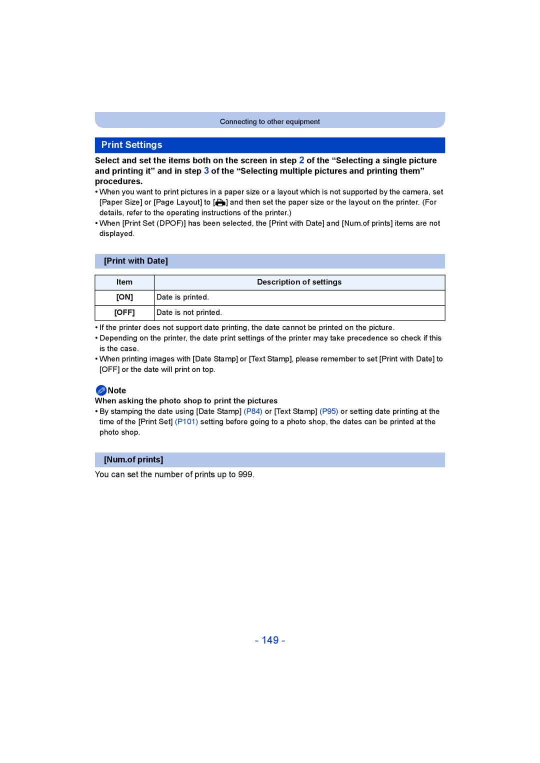 Panasonic DMC-SZ5 manual 149, Print Settings, Print with Date, Num.of prints, You can set the number of prints up to 