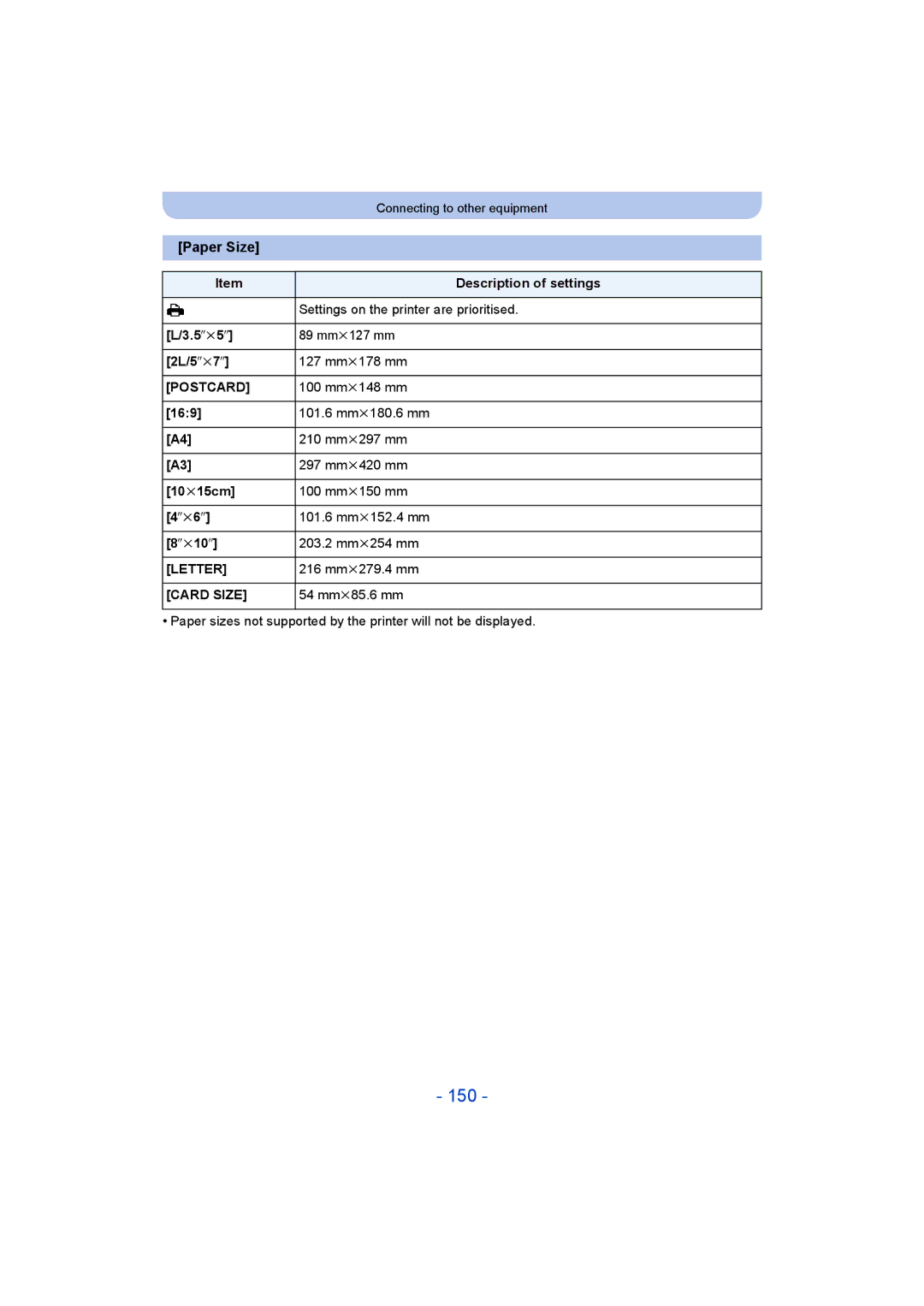 Panasonic DMC-SZ5 manual 150, Paper Size 