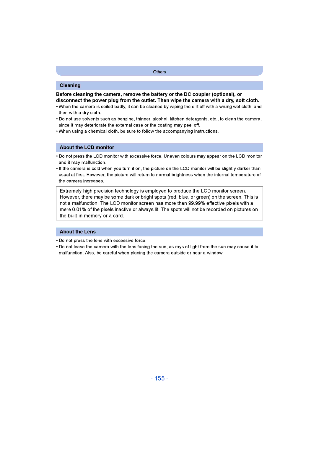 Panasonic DMC-SZ5 manual 155, Cleaning, About the LCD monitor, About the Lens 