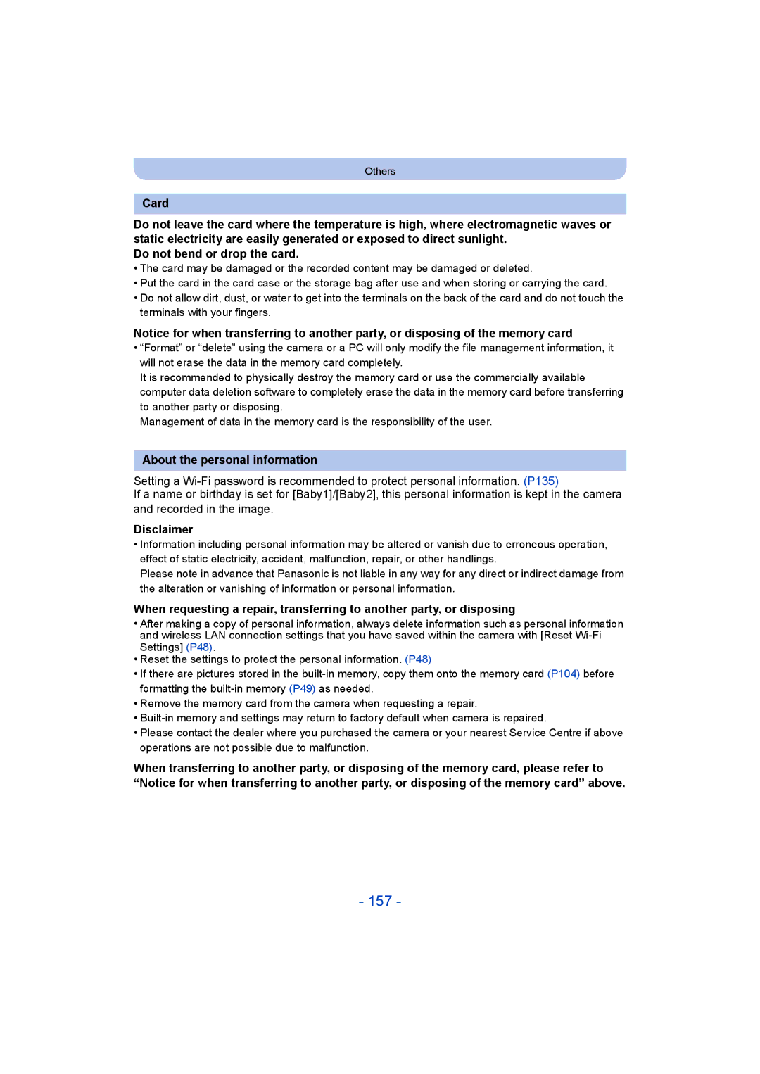 Panasonic DMC-SZ5 manual 157, About the personal information, Disclaimer 