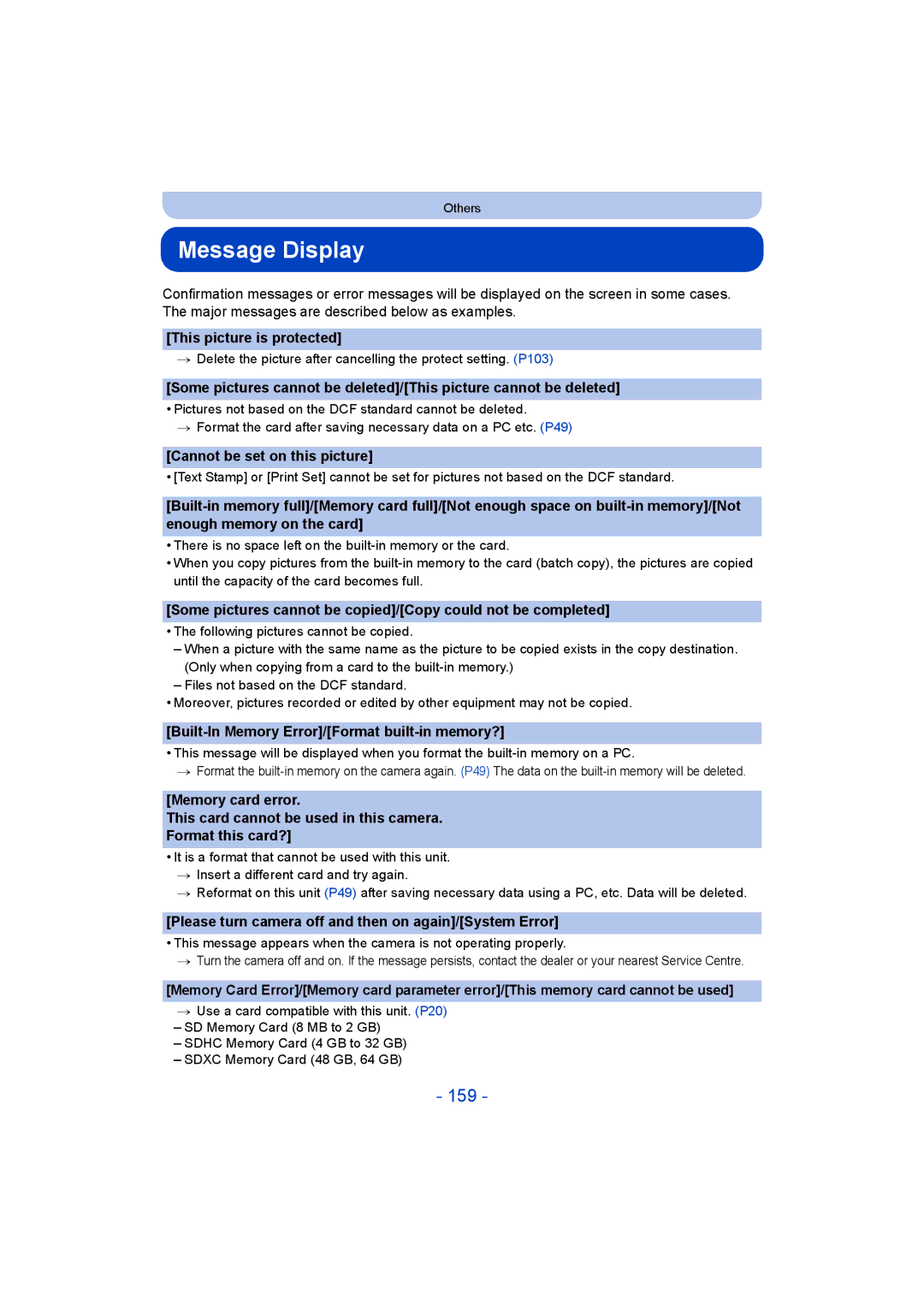 Panasonic DMC-SZ5 manual Message Display, 159 