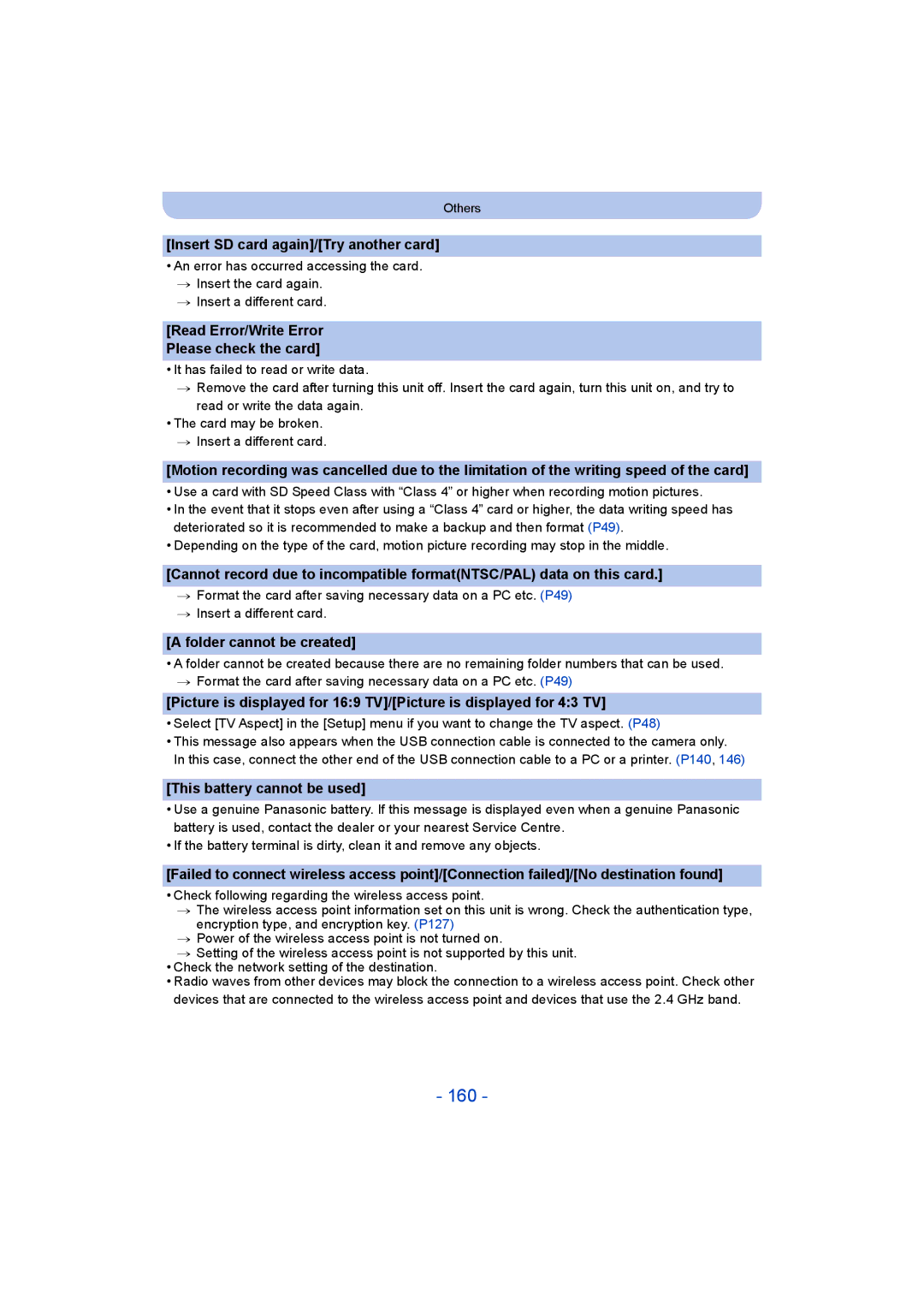 Panasonic DMC-SZ5 manual 160, Insert SD card again/Try another card, Folder cannot be created, This battery cannot be used 